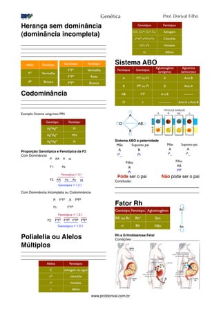 Herança sem dominância
(dominância incompleta)
______________________________________________
______________________________________________
______________________________________________
______________________________________________
Codominância
______________________________________________
______________________________________________
______________________________________________
Exemplo: Sistema sanguíneo MN
Proporção Genotípica e Fenotípica da F2
Com Dominância
Com Dominância Incompleta ou Codominância
Polialelia ou Alelos
Múltiplos
______________________________________________
______________________________________________
______________________________________________
Sistema ABO
Sistema ABO e paternidade
Pode ser o pai Não pode ser o pai
Conclusão:
__________________________________
__________________________________
Fator Rh
Rh e Eritroblastose Fetal
Condições: ____________________________________
Genética
www.profdorival.com.br
Prof. Dorival Filho
 