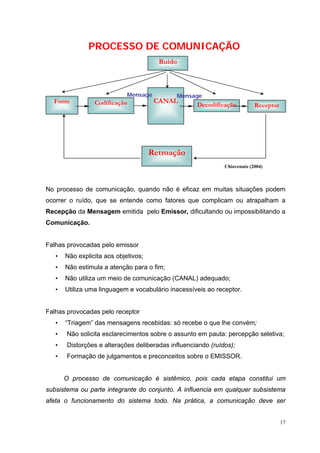 17
No processo de comunicação, quando não é eficaz em muitas situações podem
ocorrer o ruído, que se entende como fatores que complicam ou atrapalham a
Recepção da Mensagem emitida pelo Emissor, dificultando ou impossibilitando a
Comunicação.
Falhas provocadas pelo emissor
• Não explicita aos objetivos;
• Não estimula a atenção para o fim;
• Não utiliza um meio de comunicação (CANAL) adequado;
• Utiliza uma linguagem e vocabulário inacessíveis ao receptor.
Falhas provocadas pelo receptor
• “Triagem” das mensagens recebidas: só recebe o que lhe convém;
• Não solicita esclarecimentos sobre o assunto em pauta: percepção seletiva;
• Distorções e alterações deliberadas influenciando (ruídos);
• Formação de julgamentos e preconceitos sobre o EMISSOR.
O processo de comunicação é sistêmico, pois cada etapa constitui um
subsistema ou parte integrante do conjunto. A influencia em qualquer subsistema
afeta o funcionamento do sistema todo. Na prática, a comunicação deve ser
Chiavenato (2004)
Ruído
CANALFonte Codificação ReceptorDecodificação
Retroação
PROCESSO DE COMUNICAÇÃO
Mensage Mensage
 