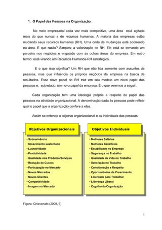 5
1. O Papel das Pessoas na Organização
No meio empresarial cada vez mais competitivo, uma área está agitada
mais do que nunca: a de recursos humanos. A maioria das empresas estão
mudando seus recursos humanos (RH). Uma onda de mudanças está ocorrendo
na área. E que razão? Simples: a valorização do RH. Ele está se tornando um
parceiro nos negócios e engajado com as outras áreas da empresa. Em outro
termo: está virando um Recursos Humanos-RH estratégico.
E o que isso significa? Um RH que não lida somente com assuntos de
pessoas, mas que influencia os próprios negócios da empresa na busca de
resultados. Esse novo papel do RH traz em seu modelo um novo papel das
pessoas e, sobretudo, um novo papel da empresa. É o que veremos a seguir.
Cada organização tem uma ideologia própria a respeito do papel das
pessoas na atividade organizacional. A denominação dada às pessoas pode refletir
qual o papel que a organização confere a elas.
Assim se entende o objetivo organizacional e os individuais das pessoas:
Figura: Chiavenato (2008, 6)
Objetivos Organizacionais Objetivos Individuais
• Sobrevivência
• Crescimento sustentado
• Lucratividade
• Produtividade
• Qualidade nos Produtos/Serviços
• Redução de Custos
• Participação no Mercado
• Novos Mercados
• Novos Clientes
• Competitividade
• Imagem no Mercado
• Melhores Salários
• Melhores Benefícios
• Estabilidade no Emprego
• Segurança no Trabalho
• Qualidade de Vida no Trabalho
• Satisfação no Trabalho
• Consideração e Respeito
• Oportunidades de Crescimento
• Liberdade para Trabalhar
• Liderança Liberal
• Orgulho da Organização
 