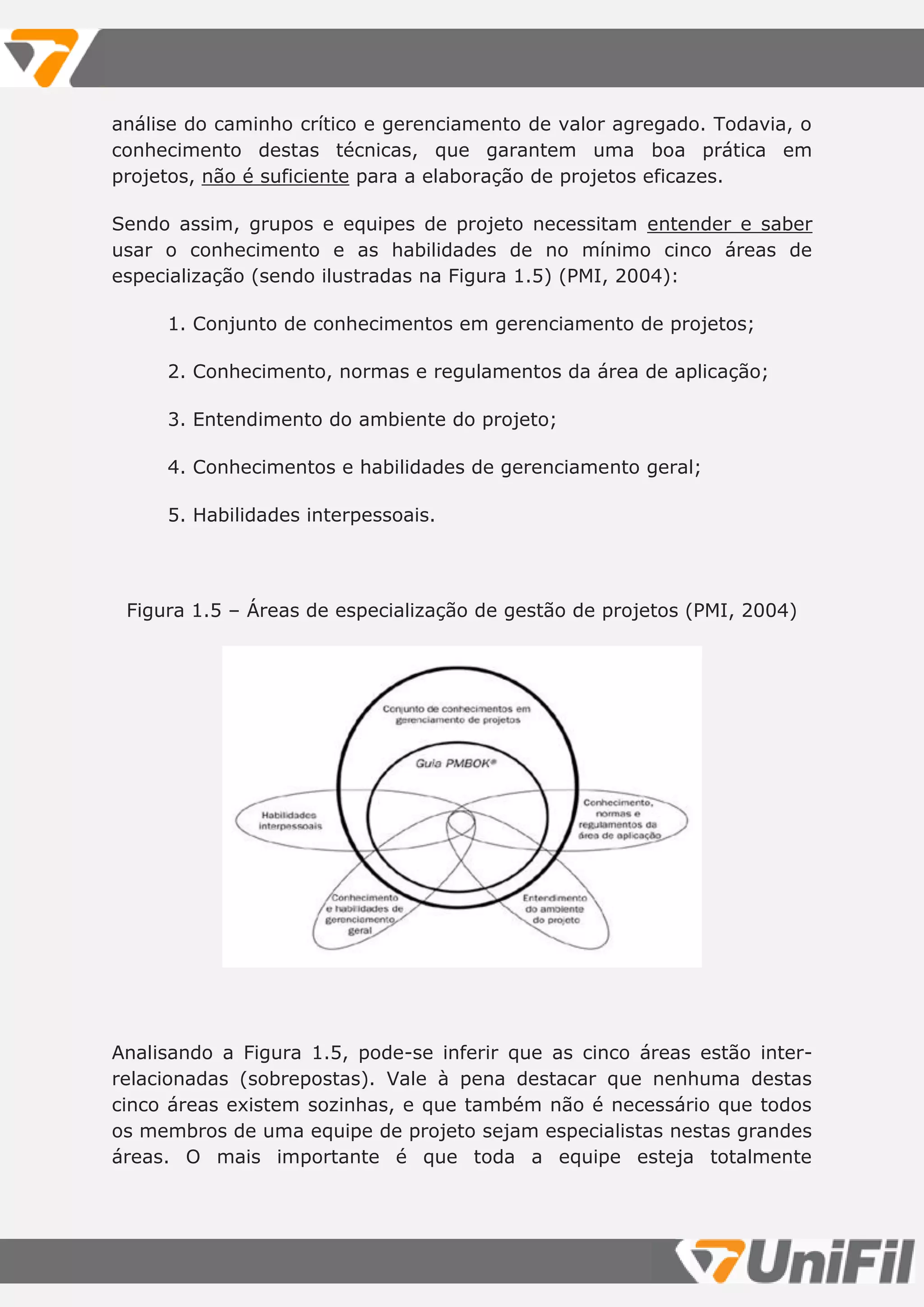 análise do caminho crítico e gerenciamento de valor agregado. Todavia, o
conhecimento destas técnicas, que garantem uma boa prática em
projetos, não é suficiente para a elaboração de projetos eficazes.
Sendo assim, grupos e equipes de projeto necessitam entender e saber
usar o conhecimento e as habilidades de no mínimo cinco áreas de
especialização (sendo ilustradas na Figura 1.5) (PMI, 2004):
1. Conjunto de conhecimentos em gerenciamento de projetos;
2. Conhecimento, normas e regulamentos da área de aplicação;
3. Entendimento do ambiente do projeto;
4. Conhecimentos e habilidades de gerenciamento geral;
5. Habilidades interpessoais.
Figura 1.5 – Áreas de especialização de gestão de projetos (PMI, 2004)
Analisando a Figura 1.5, pode-se inferir que as cinco áreas estão inter-
relacionadas (sobrepostas). Vale à pena destacar que nenhuma destas
cinco áreas existem sozinhas, e que também não é necessário que todos
os membros de uma equipe de projeto sejam especialistas nestas grandes
áreas. O mais importante é que toda a equipe esteja totalmente
 