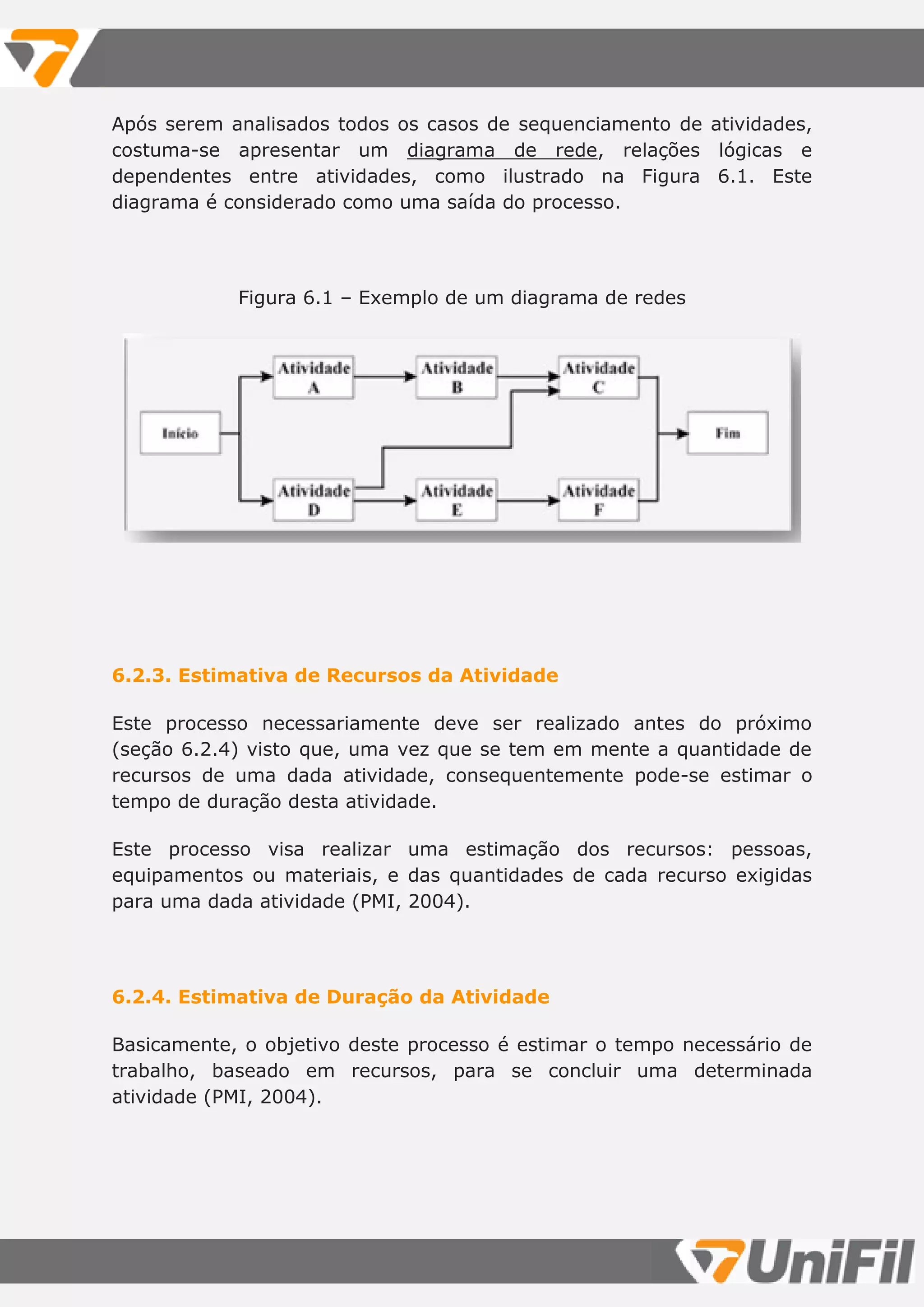 Após serem analisados todos os casos de sequenciamento de atividades,
costuma-se apresentar um diagrama de rede, relações lógicas e
dependentes entre atividades, como ilustrado na Figura 6.1. Este
diagrama é considerado como uma saída do processo.
Figura 6.1 – Exemplo de um diagrama de redes
6.2.3. Estimativa de Recursos da Atividade
Este processo necessariamente deve ser realizado antes do próximo
(seção 6.2.4) visto que, uma vez que se tem em mente a quantidade de
recursos de uma dada atividade, consequentemente pode-se estimar o
tempo de duração desta atividade.
Este processo visa realizar uma estimação dos recursos: pessoas,
equipamentos ou materiais, e das quantidades de cada recurso exigidas
para uma dada atividade (PMI, 2004).
6.2.4. Estimativa de Duração da Atividade
Basicamente, o objetivo deste processo é estimar o tempo necessário de
trabalho, baseado em recursos, para se concluir uma determinada
atividade (PMI, 2004).
 