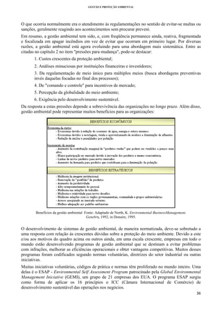 GESTÃO E PROTEÇÃO AMBIENTAL

 

O que ocorria normalmente era o atendimento às regulamentações no sentido de evitar-se multas ou
sanções, geralmente reagindo aos acontecimentos sem procurar preveni.
Em resumo, a gestão ambiental tem sido, e, com freqüência permanece ainda, reativa, fragmentada
e focalizada em apagar incêndios em vez de evitar que ocorram em primeiro lugar. Por diversas
razões, a gestão ambiental está agora evoluindo para uma abordagem mais sistemática. Entre as
citadas no capítulo 2 no item "pressões para mudança", pode-se destacar:
1. Custos crescentes da proteção ambiental;
2. Análises minuciosas por instituições financeiras e investidores;
3. Da regulamentação de meio único para múltiplos meios (busca abordagens preventivas
invés daquelas focadas no final dos processos);
4. De "comando e controle" para incentivos de mercado;
5. Percepção da globalidade do meio ambiente;
6. Exigência pelo desenvolvimento sustentável.
Da resposta a estas pressões depende a sobrevivência das organizações no longo prazo. Além disso,
gestão ambiental pode representar muitos benefícios para as organizações:

Benefícios da gestão ambiental Fonte: Adaptado de North, K. Environmental BusinessManagement.
Genebra, 1992, in Donaire, 1995.

O desenvolvimento de sistemas de gestão ambiental, de maneira normatizada, deve-se sobretudo a
uma resposta com relação às crescentes dúvidas sobre a proteção do meio ambiente. Devido a este
e/ou aos motivos do quadro acima ou outros ainda, em uma escala crescente, empresas em todo o
mundo estão desenvolvendo programas de gestão ambiental que se destinam a evitar problemas
com infrações, melhorar as eficiências operacionais e obter vantagens competitivas. Muitos desses
programas foram codificados segundo normas voluntárias, diretrizes do setor industrial ou outras
iniciativas.
Muitas iniciativas voluntárias, códigos de prática e normas têm proliferado no mundo inteiro. Uma
delas é o ESAP - Environmental Self Assessment Program patrocinado pela Global Environmental
Management Iniciative (GEMI), um grupo de 21 empresas dos EUA. O programa ESAP surgiu
como forma de aplicar os 16 princípios o ICC (Câmara Internacional de Comércio) de
desenvolvimento sustentável das operações nos negócios.
36 
 

 