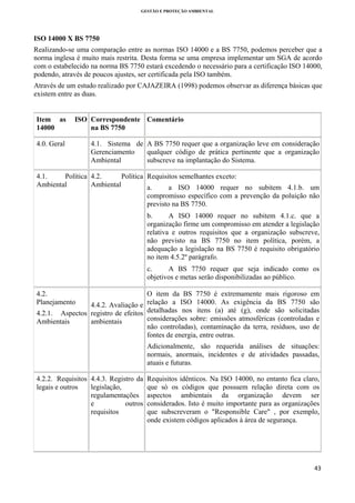 GESTÃO E PROTEÇÃO AMBIENTAL

 

ISO 14000 X BS 7750
Realizando-se uma comparação entre as normas ISO 14000 e a BS 7750, podemos perceber que a
norma inglesa é muito mais restrita. Desta forma se uma empresa implementar um SGA de acordo
com o estabelecido na norma BS 7750 estará excedendo o necessário para a certificação ISO 14000,
podendo, através de poucos ajustes, ser certificada pela ISO também.
Através de um estudo realizado por CAJAZEIRA (1998) podemos observar as diferença básicas que
existem entre as duas.

Item as
14000

ISO Correspondente Comentário
na BS 7750

4.0. Geral

4.1. Sistema de A BS 7750 requer que a organização leve em consideração
Gerenciamento
qualquer código de prática pertinente que a organização
Ambiental
subscreve na implantação do Sistema.

4.1.
Política 4.2.
Política Requisitos semelhantes exceto:
Ambiental
Ambiental
a.
a ISO 14000 requer no subitem 4.1.b. um
compromisso específico com a prevenção da poluição não
previsto na BS 7750.
b.
A ISO 14000 requer no subitem 4.1.c. que a
organização firme um compromisso em atender a legislação
relativa e outros requisitos que a organização subscreve,
não previsto na BS 7750 no item política, porém, a
adequação a legislação na BS 7750 é requisito obrigatório
no item 4.5.2º parágrafo.
c.
A BS 7750 requer que seja indicado como os
objetivos e metas serão disponibilizadas ao público.
4.2.
Planejamento

O item da BS 7750 é extremamente mais rigoroso em
4.4.2. Avaliação e relação a ISO 14000. As exigência da BS 7750 são
4.2.1. Aspectos registro de efeitos detalhadas nos itens (a) até (g), onde são solicitadas
considerações sobre: emissões atmosféricas (controladas e
Ambientais
ambientais
não controladas), contaminação da terra, resíduos, uso de
fontes de energia, entre outras.
Adicionalmente, são requerida análises de situações:
normais, anormais, incidentes e de atividades passadas,
atuais e futuras.
4.2.2. Requisitos 4.4.3. Registro da
legislação,
legais e outros
regulamentações
e
outros
requisitos

Requisitos idênticos. Na ISO 14000, no entanto fica claro,
que só os códigos que possuem relação direta com os
aspectos ambientais da organização devem ser
considerados. Isto é muito importante para as organizações
que subscreveram o "Responsible Care" , por exemplo,
onde existem códigos aplicados à área de segurança.

43 
 

 