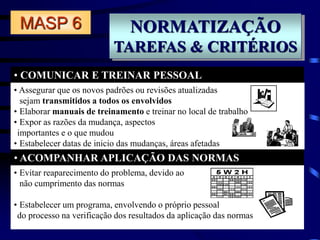 NORMATIZAÇÃO
TAREFAS & CRITÉRIOS
• COMUNICAR E TREINAR PESSOAL
• ACOMPANHAR APLICAÇÃO DAS NORMAS
MASP 6
• Assegurar que os novos padrões ou revisões atualizadas
sejam transmitidos a todos os envolvidos
• Elaborar manuais de treinamento e treinar no local de trabalho
• Expor as razões da mudança, aspectos
importantes e o que mudou
• Estabelecer datas de inicio das mudanças, áreas afetadas
• Evitar reaparecimento do problema, devido ao
não cumprimento das normas
• Estabelecer um programa, envolvendo o próprio pessoal
do processo na verificação dos resultados da aplicação das normas
 