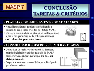 CONCLUSÃO
TAREFAS & CRITÉRIOS
• PLANEJAR DESDOBRAMENTO DE ATIVIDADES
• CONSOLIDAR REGISTRO RESUMO DAS ETAPAS
MASP 7
• Reavaliar os fatores pendentes priorizando e
indicando quais serão tratados por futuro MASP
• Definir a continuidade do ataque ao problema atual
a partir das prioridades e benefícios esperados,
caso relevantes para a empresa
• Consolidar os registros das etapas no impresso
próprio incluindo relatórios parciais do MASP
organizando os anexos por etapa, manual ou
eletronicamente
• Preparar o resumo em uma folha para divulgação
quando necessário
 