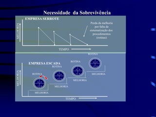 Perda da melhoria
por falta de
sistematização dos
procedimentos
(rotinas)
EMPRESA SERROTE
TEMPO
EMPRESA ESCADA
MELHORIA
TEMPO
ROTINA
A P
C D MELHORIA
MELHORIA
MELHORIA
ROTINA
A P
C D
ROTINA
A P
C D
ROTINA
A P
C D
Necessidade da Sobrevivência
 