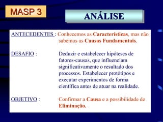 ANÁLISE
ANTECEDENTES : Conhecemos as Características, mas não
sabemos as Causas Fundamentais.
DESAFIO : Deduzir e estabelecer hipóteses de
fatores-causas, que influenciam
significativamente o resultado dos
processos. Estabelecer protótipos e
executar experimentos de forma
científica antes de atuar na realidade.
OBJETIVO : Confirmar a Causa e a possibilidade de
Eliminação.
MASP 3
 