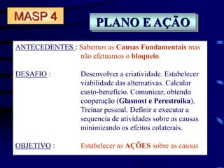 PLANO E AÇÃO
ANTECEDENTES : Sabemos as Causas Fundamentais mas
não efetuamos o bloqueio.
DESAFIO : Desenvolver a criatividade. Estabelecer
viabilidade das alternativas. Calcular
custo-benefício. Comunicar, obtendo
cooperação (Glasnost e Perestroika).
Treinar pessoal. Definir e executar a
sequencia de atividades sobre as causas
minimizando os efeitos colaterais.
OBJETIVO : Estabelecer as AÇÕES sobre as causas
MASP 4
 