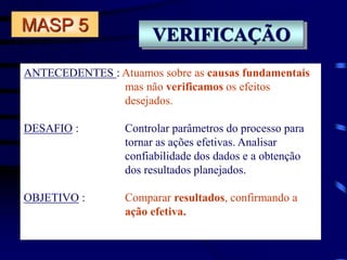 VERIFICAÇÃO
ANTECEDENTES : Atuamos sobre as causas fundamentais
mas não verificamos os efeitos
desejados.
DESAFIO : Controlar parâmetros do processo para
tornar as ações efetivas. Analisar
confiabilidade dos dados e a obtenção
dos resultados planejados.
OBJETIVO : Comparar resultados, confirmando a
ação efetiva.
MASP 5
 