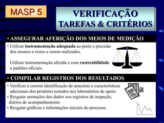 VERIFICAÇÃO
TAREFAS & CRITÉRIOS
• ASSEGURAR AFERIÇÃO DOS MEIOS DE MEDIÇÃO
• COMPILAR REGISTROS DOS RESULTADOS
MASP 5
• Utilizar instrumentação adequada ao porte e precisão
dos ensaios e testes a serem realizados.
Utilizar instrumentação aferida e com rastreabilidade
a padrões oficiais.
• Verificar a correta identificação de amostras e características
adicionais dos produtos testados nos laboratórios de apoio
• Resgatar anotações dos dados nos registros de inspeção,
diários de acompanhamento
• Resgatar gráficos e informações iniciais do processo.
 