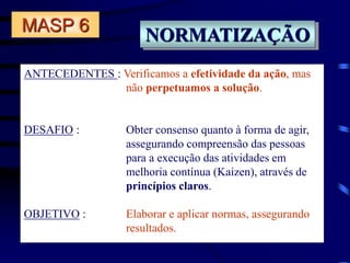 NORMATIZAÇÃO
ANTECEDENTES : Verificamos a efetividade da ação, mas
não perpetuamos a solução.
DESAFIO : Obter consenso quanto à forma de agir,
assegurando compreensão das pessoas
para a execução das atividades em
melhoria contínua (Kaizen), através de
princípios claros.
OBJETIVO : Elaborar e aplicar normas, assegurando
resultados.
MASP 6
 