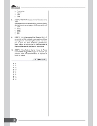 2
 Ferramentas
 Arquivo
 Edital

 (CESPE/ TRE-MT/ Analista Judiciário / Área Judiciária/
2010)
Assinale a opção que apresenta um protocolo respon-
 UDP
 POP3

 SMTP
 RTP
 (C

pode ser usado para a transferência de arquivos de
dados na Internet.
       

 E
 C
 C
 E
 E

 d
 C
 C
 