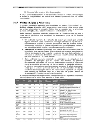 44 Capítulo 3:Capítulo 3: Introdução à Arquitetura de Computadores Prof. Roberto Willrich
b) Comanda todos os outros chips do computador.
A CPU é composta basicamente de três elementos: unidade de controle, unidade lógica
e aritmética e registradores. As sessões que seguem apresentam cada um destes
componentes.
3.3.1 Unidade Lógica e Aritmética
O primeiro componente essencial num computador (ou sistema computacional) é a
Unidade Lógica e Aritmética (ALU), a qual, como o próprio nome indica, assume todas
as tarefas relacionadas às operações lógicas (ou, e, negação, etc.) e aritméticas
(adições, subtrações, etc...) a serem realizadas no contexto de uma tarefa.
Neste contexto, é importante observar a evolução que a ALU sofreu ao longo dos anos e
quais são os parâmetros que influenciam no desempenho global de um sistema
computacional:
n Um parâmetro importante é o tamanho da palavra processada pela unidade
lógica e aritmética. Como o sistema de numeração adotado nas arquiteturas de
computadores é o binário, o tamanho de palavra é dado em números de bits.
Quanto maior o tamanho da palavra manipulada pelo microprocessador, maior é o
seu potencial de cálculo e maior a precisão das operações realizadas.
n A velocidade de cálculo obviamente é outro fator de peso para o desempenho do
computador, uma vez que ela será determinante para o tempo de resposta de um
sistema computacional com respeito à execução de uma dada aplicação. A
velocidade de cálculo está diretamente relacionada com a freqüência do relógio
que pilota o circuito da CPU como um todo.
n Outro parâmetro importante associado ao desempenho do computador é a
quantidade de operações que ela suporta. Por exemplo, os primeiros
processadores suportavam um conjunto relativamente modesto de operações
lógicas e aritméticas. Em particular, no que diz respeito às operações aritméticas,
os primeiros processadores suportavam apenas operações de adição e subtração,
sendo que as demais operações tinham de ser implementadas através de
seqüências destas operações básicas. Os processadores suportando um conjunto
mais complexo de instruções surgiu de 15 anos para cá, graças à adoção da
tecnologia CISC (Complex Instruction Set Computer).
A evolução nos tempos destes parâmetros será apresentada aqui a partir da história dos
microprocessadores da família Intel, resumida na tabela abaixo.
Nome Ano Clock
(MHz)
REG
(bits).
Barra-
mento
(bits)
N. de
Transistores
Memória
Endere-
çável
Comentários
4004 1971 0,108 4 4 2.300 640 bytes primeiro microprocessador
(manipulação aritmética)
8008 1972 0,108 8 8 3.500 16 KB primeiro micro 8 bits (manipulação de
dados/caracteres)
8080 1974 2 8 8 6.000 64 KB primeira CPU num chip (10x o
desempenho do 8008)
8086 1978 5-10 16 16 29.000 1 MB primeira CPU 16 bits num chip (10x o
desempenho do 8086)
8088 1980 5-8 16 8 29.000 1 MB processador do IBM -PC
80286 1982 8-12 16 16 134.000 16 MB aumento no endereçamento (3-6x o
desempenho do 8086
80386DX 1985 16-33 32 32 275.000 4 GB primeira CPU 32 bits
80386SX 1988 16-20 32 16 275.000 4 GB 80386 com barramento 80286
80486
DX
1989 25-50 32 32 1.200.000 4 GB versão 80386 mais rápida
80486 SX 1989 16-33 32 32 1.185.000 4 GB 80486 sem coprocessador matemático
Pentium 1993 60-166 32 32 3.100.000 4 GB Arquitetura Super-escalar, 5x o
desempenho do 486DX 33
Pentium
Pro
1995 150-200 32 64 5.500.000 4 GB Arquitetura de Execução dinâmica
Pentium
II
1997 233-450 32 64 7.500.000 64 GB Barramento Duplo independente,
execução dinâmica, e tecnologia
MMX
Pentium 1998 400-450 32 64 7.500.000 64 GB Para estações de trabalho e servidores
 