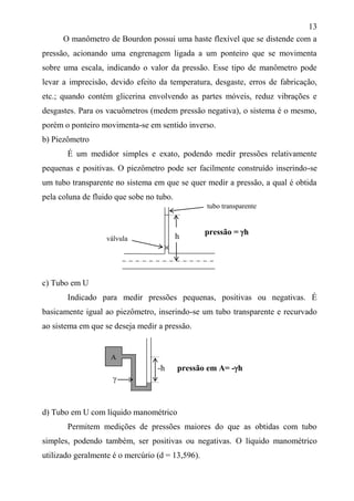 13
O manômetro de Bourdon possui uma haste flexível que se distende com a
pressão, acionando uma engrenagem ligada a um ponteiro que se movimenta
sobre uma escala, indicando o valor da pressão. Esse tipo de manômetro pode
levar a imprecisão, devido efeito da temperatura, desgaste, erros de fabricação,
etc.; quando contém glicerina envolvendo as partes móveis, reduz vibrações e
desgastes. Para os vacuômetros (medem pressão negativa), o sistema é o mesmo,
porém o ponteiro movimenta-se em sentido inverso.
b) Piezômetro
É um medidor simples e exato, podendo medir pressões relativamente
pequenas e positivas. O piezômetro pode ser facilmente construído inserindo-se
um tubo transparente no sistema em que se quer medir a pressão, a qual é obtida
pela coluna de fluido que sobe no tubo.
c) Tubo em U
Indicado para medir pressões pequenas, positivas ou negativas. É
basicamente igual ao piezômetro, inserindo-se um tubo transparente e recurvado
ao sistema em que se deseja medir a pressão.
d) Tubo em U com líquido manométrico
Permitem medições de pressões maiores do que as obtidas com tubo
simples, podendo também, ser positivas ou negativas. O líquido manométrico
utilizado geralmente é o mercúrio (d = 13,596).
tubo transparente
hválvula
pressão = h
-h pressão em A= -h
AA

 