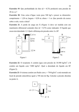 16
Exercício 19. Que profundidade de óleo (d = 0,75) produzirá uma pressão de
28 m c.a.?
Exercício 20. Uma caixa d’água vazia pesa 540 kgf e possui as dimensões:
comprimento = 1,20 m; largura = 0,50 m; altura = 1 m. Que pressão ela exerce
sobre o solo, vazia e cheia?
Exercício 21. A perda de carga em X (Figura 1) deve ser medida com um
manômetro diferencial contendo óleo (d = 0,75) como indicador. O líquido que
escoa tem densidade 1,5. Qual a diferença de pressão entre A e B?
3,6 m
B 3,0 m
X
Figura 1 Figura 2
Exercício 22. O recipiente A contém água com pressão de 10.500 kgf/m2
e B
contém um líquido com 7.000 kgf/m2
. Qual a densidade do líquido em B?
(Figura 2).
Exercício 23. O sistema contém um fluido com  = 750 kgf/m3
e está montado em
local de pressão atmosférica igual a 750 mm de Hg. Calcular a pressão absoluta
no ponto A.
A 1,2 m
12 m
A
d=
2
d = 4
d = 2
1 m
1 m
8 m
1,305 m
Hg
d = ?
ar ar
D C 4,5 m A B
C D 1,000 m
 