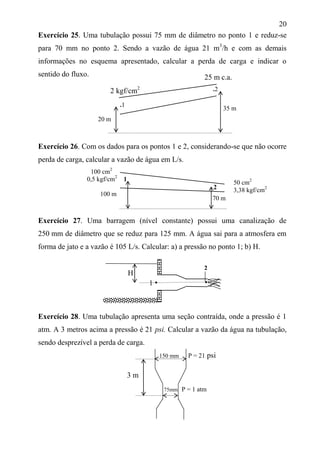 20
Exercício 25. Uma tubulação possui 75 mm de diâmetro no ponto 1 e reduz-se
para 70 mm no ponto 2. Sendo a vazão de água 21 m3
/h e com as demais
informações no esquema apresentado, calcular a perda de carga e indicar o
sentido do fluxo.
Exercício 26. Com os dados para os pontos 1 e 2, considerando-se que não ocorre
perda de carga, calcular a vazão de água em L/s.
100 cm2
0,5 kgf/cm2
1
100 m
Exercício 27. Uma barragem (nível constante) possui uma canalização de
250 mm de diâmetro que se reduz para 125 mm. A água sai para a atmosfera em
forma de jato e a vazão é 105 L/s. Calcular: a) a pressão no ponto 1; b) H.
1
Exercício 28. Uma tubulação apresenta uma seção contraída, onde a pressão é 1
atm. A 3 metros acima a pressão é 21 psi. Calcular a vazão da água na tubulação,
sendo desprezível a perda de carga.
75mm P = 1 atm
.1
.22 kgf/cm2
25 m c.a.
70 m
3 m
35 m
20 m
2
H
2
50 cm2
3,38 kgf/cm2
150 mm P = 21 psi
 