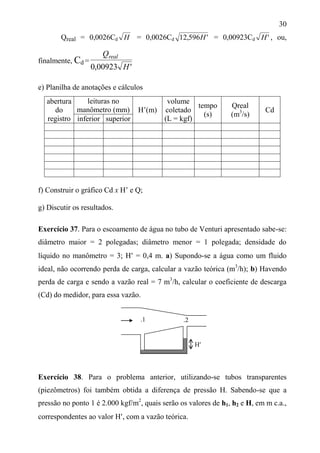 30
Qreal = 0,0026Cd H = 0,0026Cd '596,12 H = 0,00923Cd 'H , ou,
finalmente, Cd =
'00923,0 H
Qreal
e) Planilha de anotações e cálculos
abertura
do
registro
leituras no
manômetro (mm) H’(m)
volume
coletado
(L = kgf)
tempo
(s)
Qreal
(m3
/s)
Cd
inferior superior
f) Construir o gráfico Cd x H’ e Q;
g) Discutir os resultados.
Exercício 37. Para o escoamento de água no tubo de Venturi apresentado sabe-se:
diâmetro maior = 2 polegadas; diâmetro menor = 1 polegada; densidade do
líquido no manômetro = 3; H = 0,4 m. a) Supondo-se a água como um fluido
ideal, não ocorrendo perda de carga, calcular a vazão teórica (m3
/h); b) Havendo
perda de carga e sendo a vazão real = 7 m3
/h, calcular o coeficiente de descarga
(Cd) do medidor, para essa vazão.
Exercício 38. Para o problema anterior, utilizando-se tubos transparentes
(piezômetros) foi também obtida a diferença de pressão H. Sabendo-se que a
pressão no ponto 1 é 2.000 kgf/m2
, quais serão os valores de h1, h2 e H, em m c.a.,
correspondentes ao valor H, com a vazão teórica.
H
.1 .2
 