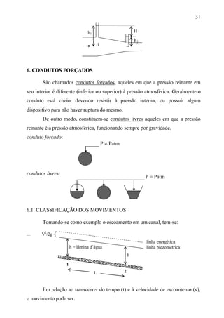 31
6. CONDUTOS FORÇADOS
São chamados condutos forçados, aqueles em que a pressão reinante em
seu interior é diferente (inferior ou superior) à pressão atmosférica. Geralmente o
conduto está cheio, devendo resistir à pressão interna, ou possuir algum
dispositivo para não haver ruptura do mesmo.
De outro modo, constituem-se condutos livres aqueles em que a pressão
reinante é a pressão atmosférica, funcionando sempre por gravidade.
conduto forçado:
condutos livres:
6.1. CLASSIFICAÇÃO DOS MOVIMENTOS
Tomando-se como exemplo o escoamento em um canal, tem-se:
.... V2
/2g
h
Em relação ao transcorrer do tempo (t) e à velocidade de escoamento (v),
o movimento pode ser:
P  Patm
P = Patm
linha energética
linha piezométrica
2
h = lâmina d’água
1
L
H
.1 .2
h1
h2
 
