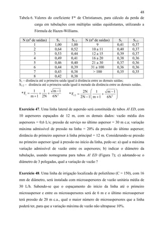 48
Tabela 6. Valores do coeficiente F* de Christiansen, para cálculo da perda de
carga em tubulações com múltiplas saídas equidistantes, utilizando a
Fórmula de Hazen-Williams.
N (no
de saídas) S1 S1/2 N (no
de saídas) S1 S1/2
1 1,00 1,00 9 0,41 0,37
2 0,64 0,52 10 a 11 0,40 0,37
3 0,53 0,44 12 a 15 0,39 0,37
4 0,49 0,41 16 a 20 0,38 0,36
5 0,46 0,40 21 a 30 0,37 0,36
6 0,44 0,39 31 a 100 0,36 0,36
7 0,43 0,38 > 100 0,35 0,35
8 0,42 0,38
S1 – distância até a primeira saída igual à distância entre as demais saídas;
S1/2 – distância até a primeira saída igual à metade da distância entre as demais saídas.
Exercício 47. Uma linha lateral de aspersão será constituída de tubos Al ED, com
10 aspersores espaçados de 12 m, com os demais dados: vazão média dos
aspersores = 0,6 L/s; pressão de serviço no último aspersor = 30 m c.a; variação
máxima admissível de pressão na linha = 20% da pressão do último aspersor;
distância do primeiro aspersor à linha principal = 12 m. Considerando-se pressão
no primeiro aspersor igual à pressão no início da linha, pede-se: a) qual a máxima
variação admissível de vazão entre os aspersores; b) indicar o diâmetro da
tubulação, usando nomograma para tubos Al ED (Figura 7); c) adotando-se o
diâmetro de 3 polegadas, qual a variação de vazão ?
Exercício 48. Uma linha de irrigação localizada de polietileno (C = 150), com 16
mm de diâmetro, será instalada com microaspersores de vazão unitária média de
30 L/h. Sabendo-se que o espaçamento do início da linha até o primeiro
microaspersor e entre os microaspersores será de 6 m e o último microaspersor
terá pressão de 20 m c.a., qual o maior número de microaspersores que a linha
poderá ter, para que a variação máxima de vazão não ultrapasse 10%.
21
N6
1m
N2
1
1m
1
F*











 


 21/2
6N
1m
1m
1
12N
2N
F*
 