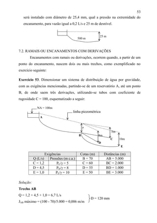 53
será instalado com diâmetro de 25,4 mm, qual a pressão na extremidade do
encanamento, para vazão igual a 0,2 L/s e 25 m de desnível.
7.2. RAMAIS OU ENCANAMENTOS COM DERIVAÇÕES
Encanamentos com ramais ou derivações, ocorrem quando, a partir de um
ponto do encanamento, nascem dois ou mais trechos, como exemplificado no
exercício seguinte:
Exercício 53. Dimensionar um sistema de distribuição de água por gravidade,
com as exigências mencionadas, partindo-se de um reservatório A, até um ponto
B, de onde saem três derivações, utilizando-se tubos com coeficiente de
rugosidade C = 100, esquematizado a seguir:
A
?
5m
B 8m
C 10m
D
E
Exigências Cotas (m) Distâncias (m)
Q (L/s) Pressões (m c.a.) B = 70 AB = 5.000
C = 1,2 PC/ = 5 C = 60 BC = 2.000
D = 4,5 PD/ = 8 D = 55 BD = 1.000
E = 1,0 PE/ = 10 E = 50 BE = 3.000
Solução:
Trecho AB
Q = 1,2 + 4,5 + 1,0 = 6,7 L/s
JAB máximo = (100 - 70)/5.000 = 0,006 m/m
D = 120 mm
25 m
500 m
NA = 100m
linha piezométrica
 