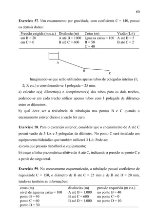 60
Exercício 57. Um encanamento por gravidade, com coeficiente C = 140, possui
os demais dados:
Pressão exigida (m c.a.) Distância (m) Cotas (m) Vazão (L/s)
em B = 20 A até B = 1000 água na caixa = 100 A até B = 5
em C = 0 B até C = 600 B = 50 B até C = 2
C = 40
Imaginando-se que serão utilizados apenas tubos de polegadas inteiras (1;
2; 3; etc.) e considerando-se 1 polegada = 25 mm:
a) calcular o(s) diâmetro(s) e comprimento(s) dos tubos para os dois trechos,
podendo-se em cada trecho utilizar apenas tubos com 1 polegada de diferença
entre os diâmetros;
b) qual deve ser a resistência da tubulação nos pontos B e C quando o
encanamento estiver cheio e a vazão for zero.
Exercício 58. Para o exercício anterior, considere que o encanamento de A até C
possui vazão de 3 L/s e 3 polegadas de diâmetro. No ponto C será instalado um
equipamento hidráulico que também utilizará 3 L/s. Pede-se:
a) com que pressão trabalhará o equipamento;
b) traçar a linha piezométrica efetiva de A até C, indicando a pressão no ponto C e
a perda de carga total.
Exercício 59. No encanamento esquematizado, a tubulação possui coeficiente de
rugosidade C = 150, o diâmetro de B até C = 25 mm e de B até D = 20 mm,
tendo-se também as informações:
cotas (m) distâncias (m) pressão requerida (m c.a.)
nível de água na caixa = 100 A até B = 1.000 no ponto B = 40
ponto B = 40 B até C = 600 no ponto C = 0
ponto C = 60 B até D = 1.000 no ponto D = 10
ponto D = 30
A
B
C
 