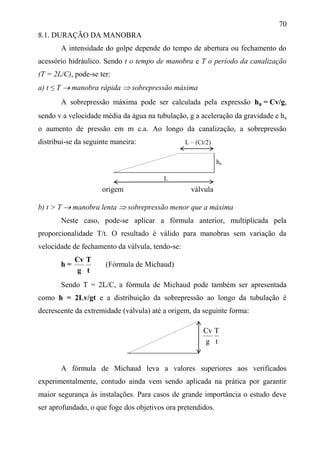 70
8.1. DURAÇÃO DA MANOBRA
A intensidade do golpe depende do tempo de abertura ou fechamento do
acessório hidráulico. Sendo t o tempo de manobra e T o período da canalização
(T = 2L/C), pode-se ter:
a) t ≤ T  manobra rápida  sobrepressão máxima
A sobrepressão máxima pode ser calculada pela expressão ha = Cv/g,
sendo v a velocidade média da água na tubulação, g a aceleração da gravidade e ha
o aumento de pressão em m c.a. Ao longo da canalização, a sobrepressão
distribui-se da seguinte maneira:
origem válvula
b) t > T  manobra lenta  sobrepressão menor que a máxima
Neste caso, pode-se aplicar a fórmula anterior, multiplicada pela
proporcionalidade T/t. O resultado é válido para manobras sem variação da
velocidade de fechamento da válvula, tendo-se:
h =
t
T
g
Cv
(Fórmula de Michaud)
Sendo T = 2L/C, a fórmula de Michaud pode também ser apresentada
como h = 2Lv/gt e a distribuição da sobrepressão ao longo da tubulação é
decrescente da extremidade (válvula) até a origem, da seguinte forma:
A fórmula de Michaud leva a valores superiores aos verificados
experimentalmente, contudo ainda vem sendo aplicada na prática por garantir
maior segurança às instalações. Para casos de grande importância o estudo deve
ser aprofundado, o que foge dos objetivos ora pretendidos.
L
L – (Ct/2)
ha
t
T
g
Cv
 