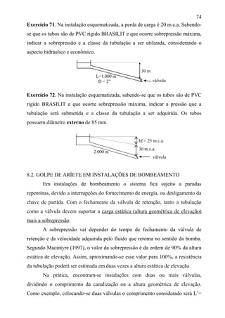74
Exercício 71. Na instalação esquematizada, a perda de carga é 20 m c.a. Sabendo-
se que os tubos são de PVC rígido BRASILIT e que ocorre sobrepressão máxima,
indicar a sobrepressão e a classe da tubulação a ser utilizada, considerando o
aspecto hidráulico e econômico.
30 m
L=1.000 m
D = 2”
Exercício 72. Na instalação esquematizada, sabendo-se que os tubos são de PVC
rígido BRASILIT e que ocorre sobrepressão máxima, indicar a pressão que a
tubulação será submetida e a classe da tubulação a ser adquirida. Os tubos
possuem diâmetro externo de 85 mm.
2.000 m
válvula
8.2. GOLPE DE ARÍETE EM INSTALAÇÕES DE BOMBEAMENTO
Em instalações de bombeamento o sistema fica sujeito a paradas
repentinas, devido a interrupções do fornecimento de energia, ou desligamento da
chave de partida. Com o fechamento da válvula de retenção, tanto a tubulação
como a válvula devem suportar a carga estática (altura geométrica de elevação)
mais a sobrepressão.
A sobrepressão vai depender do tempo de fechamento da válvula de
retenção e da velocidade adquirida pelo fluido que retorna no sentido da bomba.
Segundo Macintyre (1997), o valor da sobrepressão é da ordem de 90% da altura
estática de elevação. Assim, aproximando-se esse valor para 100%, a resistência
da tubulação poderá ser estimada em duas vezes a altura estática de elevação.
Na prática, encontram-se instalações com duas ou mais válvulas,
dividindo o comprimento da canalização ou a altura geométrica de elevação.
Como exemplo, colocando-se duas válvulas o comprimento considerado será L’=
válvula
hf = 25 m c.a.
30 m c.a.
x
 