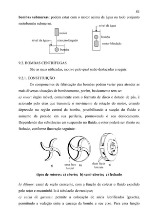 81
bombas submersas: podem estar com o motor acima da água ou todo conjunto
motobomba submerso.
motor
nível da água eixo prolongado
9.2. BOMBAS CENTRÍFUGAS
São as mais utilizadas, motivo pelo qual serão destacadas a seguir:
9.2.1. CONSTITUIÇÃO
Os componentes de fabricação das bombas podem variar para atender as
mais diversas situações de bombeamento, porém, basicamente tem-se:
a) rotor: órgão móvel, comumente com o formato de disco e dotado de pás, é
acionado pelo eixo que transmite o movimento de rotação do motor, criando
depressão na região central da bomba, possibilitando a sucção do fluido e
aumento da pressão em sua periferia, promovendo o seu deslocamento.
Dependendo das substâncias em suspensão no fluido, o rotor poderá ser aberto ou
fechado, conforme ilustração seguinte:
tipos de rotores: a) aberto; b) semi-aberto; c) fechado
b) difusor: canal de seção crescente, com a função de coletar o fluido expelido
pelo rotor e encaminhá-lo à tubulação de recalque;
c) caixa de gaxetas: permite a colocação de anéis lubrificados (gaxeta),
permitindo a vedação entre a carcaça da bomba e seu eixo. Para essa função
motor blindado
bomba
bomba
nível da água
uma face
lateral
duas faces
laterais
 