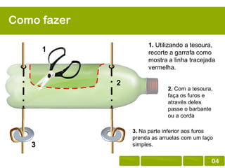 Como fazer
1. Utilizando a tesoura,
recorte a garrafa como
mostra a linha tracejada
vermelha.

1

2

3

2. Com a tesoura,
faça os furos e
através deles
passe o barbante
ou a corda
3. Na parte inferior aos furos
prenda as arruelas com um laço
simples.

04

 