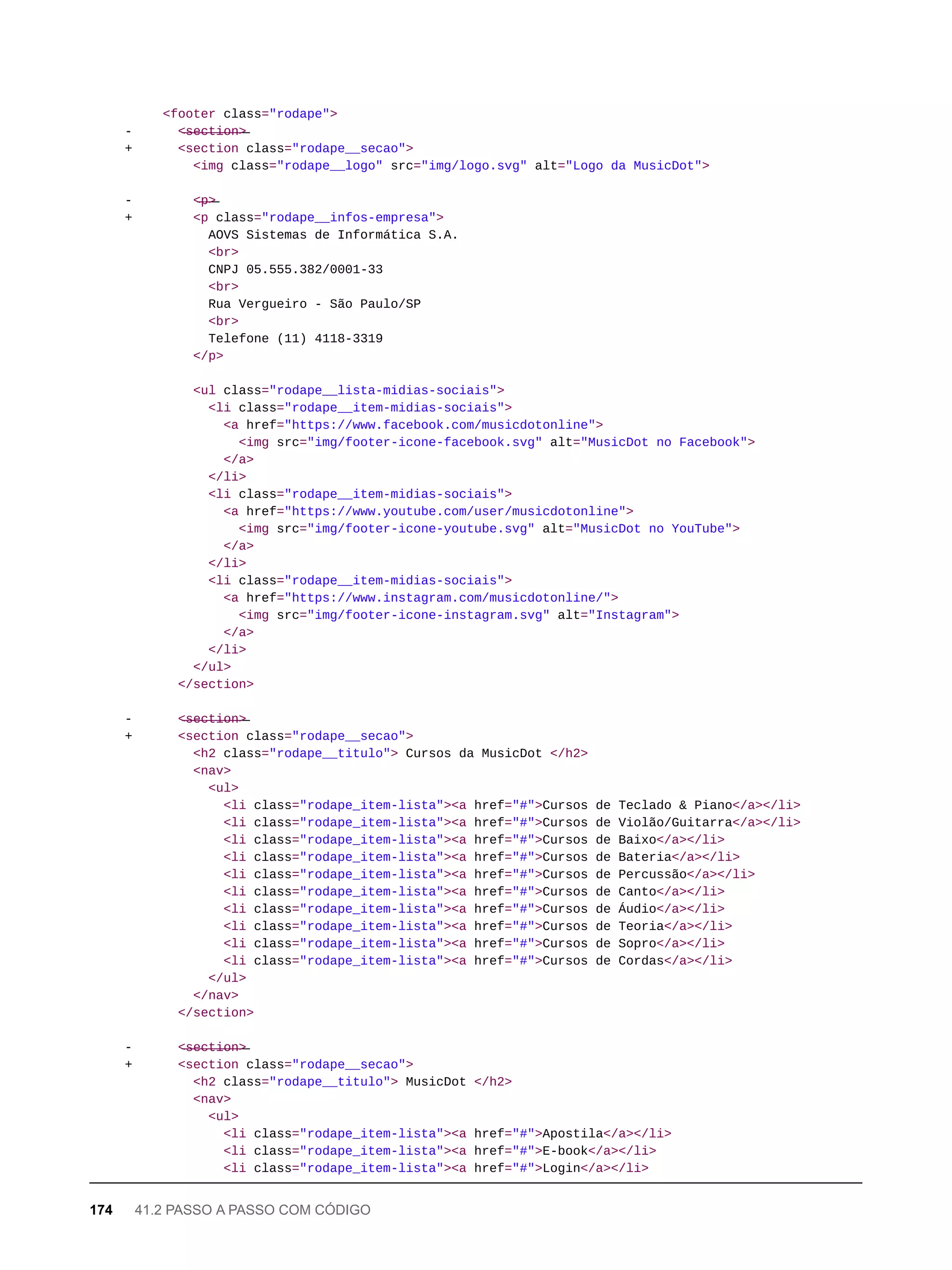 <footer class="rodape">
- <̶s̶e̶c̶t̶i̶o̶n̶>̶
+ <section class="rodape__secao">
<img class="rodape__logo" src="img/logo.svg" alt="Logo da MusicDot">
- <̶p̶>̶
+ <p class="rodape__infos-empresa">
AOVS Sistemas de Informática S.A.
<br>
CNPJ 05.555.382/0001-33
<br>
Rua Vergueiro - São Paulo/SP
<br>
Telefone (11) 4118-3319
</p>
<ul class="rodape__lista-midias-sociais">
<li class="rodape__item-midias-sociais">
<a href="https://www.facebook.com/musicdotonline">
<img src="img/footer-icone-facebook.svg" alt="MusicDot no Facebook">
</a>
</li>
<li class="rodape__item-midias-sociais">
<a href="https://www.youtube.com/user/musicdotonline">
<img src="img/footer-icone-youtube.svg" alt="MusicDot no YouTube">
</a>
</li>
<li class="rodape__item-midias-sociais">
<a href="https://www.instagram.com/musicdotonline/">
<img src="img/footer-icone-instagram.svg" alt="Instagram">
</a>
</li>
</ul>
</section>
- <̶s̶e̶c̶t̶i̶o̶n̶>̶
+ <section class="rodape__secao">
<h2 class="rodape__titulo"> Cursos da MusicDot </h2>
<nav>
<ul>
<li class="rodape_item-lista"><a href="#">Cursos de Teclado & Piano</a></li>
<li class="rodape_item-lista"><a href="#">Cursos de Violão/Guitarra</a></li>
<li class="rodape_item-lista"><a href="#">Cursos de Baixo</a></li>
<li class="rodape_item-lista"><a href="#">Cursos de Bateria</a></li>
<li class="rodape_item-lista"><a href="#">Cursos de Percussão</a></li>
<li class="rodape_item-lista"><a href="#">Cursos de Canto</a></li>
<li class="rodape_item-lista"><a href="#">Cursos de Áudio</a></li>
<li class="rodape_item-lista"><a href="#">Cursos de Teoria</a></li>
<li class="rodape_item-lista"><a href="#">Cursos de Sopro</a></li>
<li class="rodape_item-lista"><a href="#">Cursos de Cordas</a></li>
</ul>
</nav>
</section>
- <̶s̶e̶c̶t̶i̶o̶n̶>̶
+ <section class="rodape__secao">
<h2 class="rodape__titulo"> MusicDot </h2>
<nav>
<ul>
<li class="rodape_item-lista"><a href="#">Apostila</a></li>
<li class="rodape_item-lista"><a href="#">E-book</a></li>
<li class="rodape_item-lista"><a href="#">Login</a></li>
174 41.2 PASSO A PASSO COM CÓDIGO
 