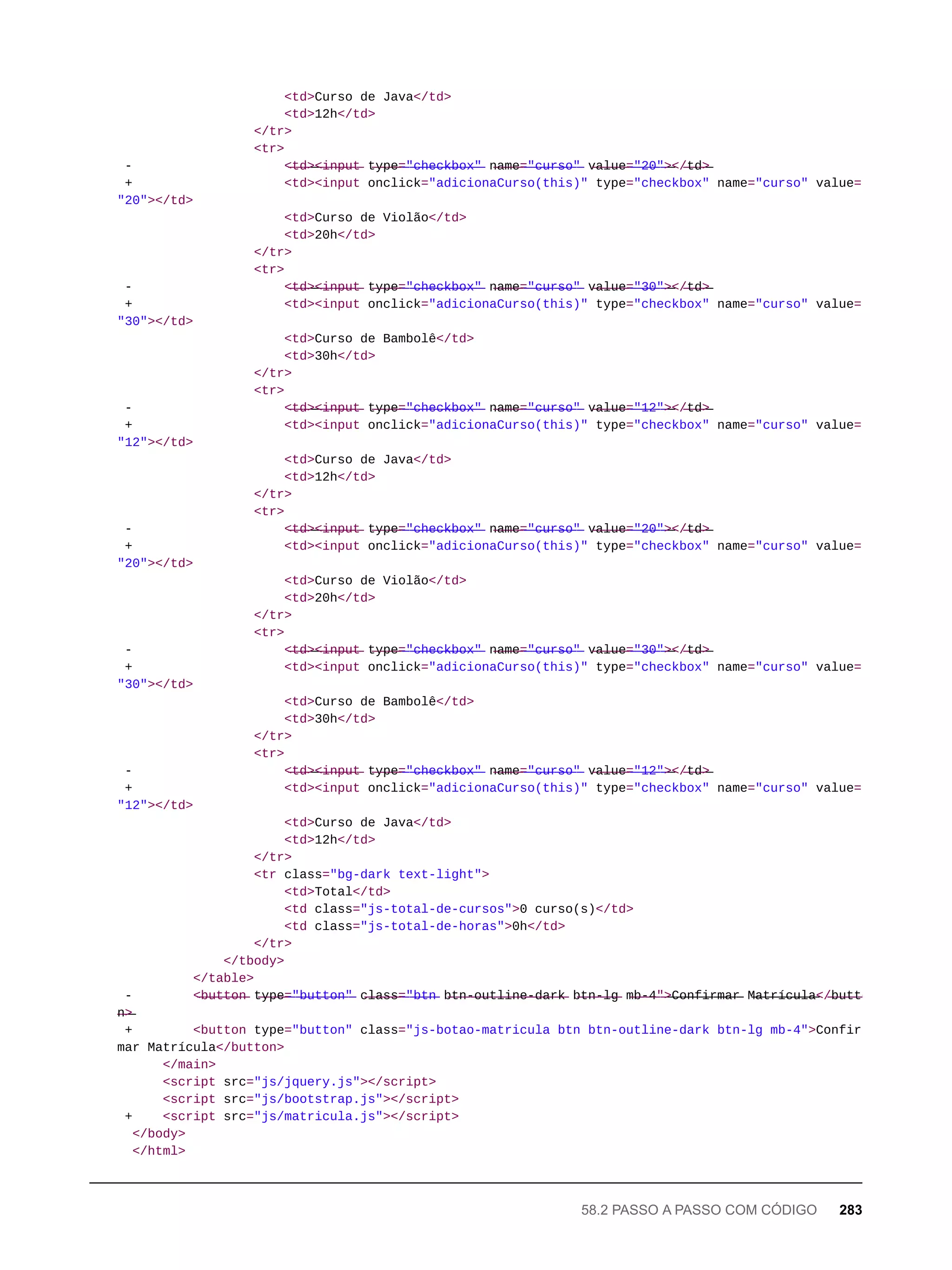 <td>Curso de Java</td>
<td>12h</td>
</tr>
<tr>
- <̶t̶d̶>̶<̶i̶n̶p̶u̶t̶ t̶y̶p̶e̶=̶"̶c̶h̶e̶c̶k̶b̶o̶x̶"̶ n̶a̶m̶e̶=̶"̶c̶u̶r̶s̶o̶"̶ v̶a̶l̶u̶e̶=̶"̶2̶0̶"̶>̶</̶t̶d̶>̶
+ <td><input onclick="adicionaCurso(this)" type="checkbox" name="curso" value=
"20"></td>
<td>Curso de Violão</td>
<td>20h</td>
</tr>
<tr>
- <̶t̶d̶>̶<̶i̶n̶p̶u̶t̶ t̶y̶p̶e̶=̶"̶c̶h̶e̶c̶k̶b̶o̶x̶"̶ n̶a̶m̶e̶=̶"̶c̶u̶r̶s̶o̶"̶ v̶a̶l̶u̶e̶=̶"̶3̶0̶"̶>̶</̶t̶d̶>̶
+ <td><input onclick="adicionaCurso(this)" type="checkbox" name="curso" value=
"30"></td>
<td>Curso de Bambolê</td>
<td>30h</td>
</tr>
<tr>
- <̶t̶d̶>̶<̶i̶n̶p̶u̶t̶ t̶y̶p̶e̶=̶"̶c̶h̶e̶c̶k̶b̶o̶x̶"̶ n̶a̶m̶e̶=̶"̶c̶u̶r̶s̶o̶"̶ v̶a̶l̶u̶e̶=̶"̶1̶2̶"̶>̶</̶t̶d̶>̶
+ <td><input onclick="adicionaCurso(this)" type="checkbox" name="curso" value=
"12"></td>
<td>Curso de Java</td>
<td>12h</td>
</tr>
<tr>
- <̶t̶d̶>̶<̶i̶n̶p̶u̶t̶ t̶y̶p̶e̶=̶"̶c̶h̶e̶c̶k̶b̶o̶x̶"̶ n̶a̶m̶e̶=̶"̶c̶u̶r̶s̶o̶"̶ v̶a̶l̶u̶e̶=̶"̶2̶0̶"̶>̶</̶t̶d̶>̶
+ <td><input onclick="adicionaCurso(this)" type="checkbox" name="curso" value=
"20"></td>
<td>Curso de Violão</td>
<td>20h</td>
</tr>
<tr>
- <̶t̶d̶>̶<̶i̶n̶p̶u̶t̶ t̶y̶p̶e̶=̶"̶c̶h̶e̶c̶k̶b̶o̶x̶"̶ n̶a̶m̶e̶=̶"̶c̶u̶r̶s̶o̶"̶ v̶a̶l̶u̶e̶=̶"̶3̶0̶"̶>̶</̶t̶d̶>̶
+ <td><input onclick="adicionaCurso(this)" type="checkbox" name="curso" value=
"30"></td>
<td>Curso de Bambolê</td>
<td>30h</td>
</tr>
<tr>
- <̶t̶d̶>̶<̶i̶n̶p̶u̶t̶ t̶y̶p̶e̶=̶"̶c̶h̶e̶c̶k̶b̶o̶x̶"̶ n̶a̶m̶e̶=̶"̶c̶u̶r̶s̶o̶"̶ v̶a̶l̶u̶e̶=̶"̶1̶2̶"̶>̶</̶t̶d̶>̶
+ <td><input onclick="adicionaCurso(this)" type="checkbox" name="curso" value=
"12"></td>
<td>Curso de Java</td>
<td>12h</td>
</tr>
<tr class="bg-dark text-light">
<td>Total</td>
<td class="js-total-de-cursos">0 curso(s)</td>
<td class="js-total-de-horas">0h</td>
</tr>
</tbody>
</table>
- <̶b̶u̶t̶t̶o̶n̶ t̶y̶p̶e̶=̶"̶b̶u̶t̶t̶o̶n̶"̶ c̶l̶a̶s̶s̶=̶"̶b̶t̶n̶ b̶t̶n̶-̶o̶u̶t̶l̶i̶n̶e̶-̶d̶a̶r̶k̶ b̶t̶n̶-̶l̶g̶ m̶b̶-̶4̶"̶>̶C̶o̶n̶f̶i̶r̶m̶a̶r̶ M̶a̶t̶r̶í̶c̶u̶l̶a̶</̶b̶u̶t̶t̶o
̶n̶>̶
+ <button type="button" class="js-botao-matricula btn btn-outline-dark btn-lg mb-4">Confir
mar Matrícula</button>
</main>
<script src="js/jquery.js"></script>
<script src="js/bootstrap.js"></script>
+ <script src="js/matricula.js"></script>
</body>
</html>
58.2 PASSO A PASSO COM CÓDIGO 283
 