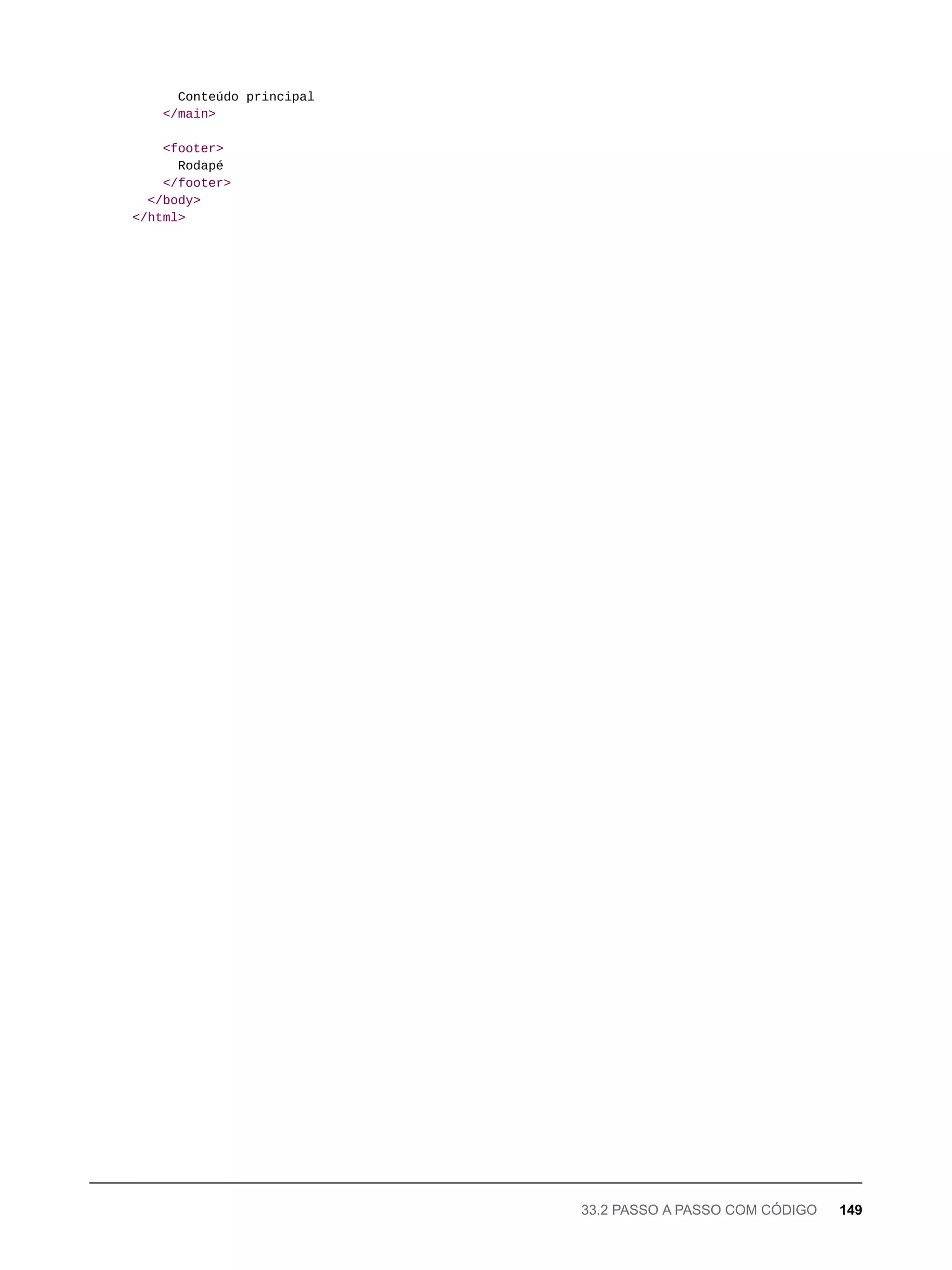 Conteúdo principal
</main>
<footer>
Rodapé
</footer>
</body>
</html>
33.2 PASSO A PASSO COM CÓDIGO 149
 