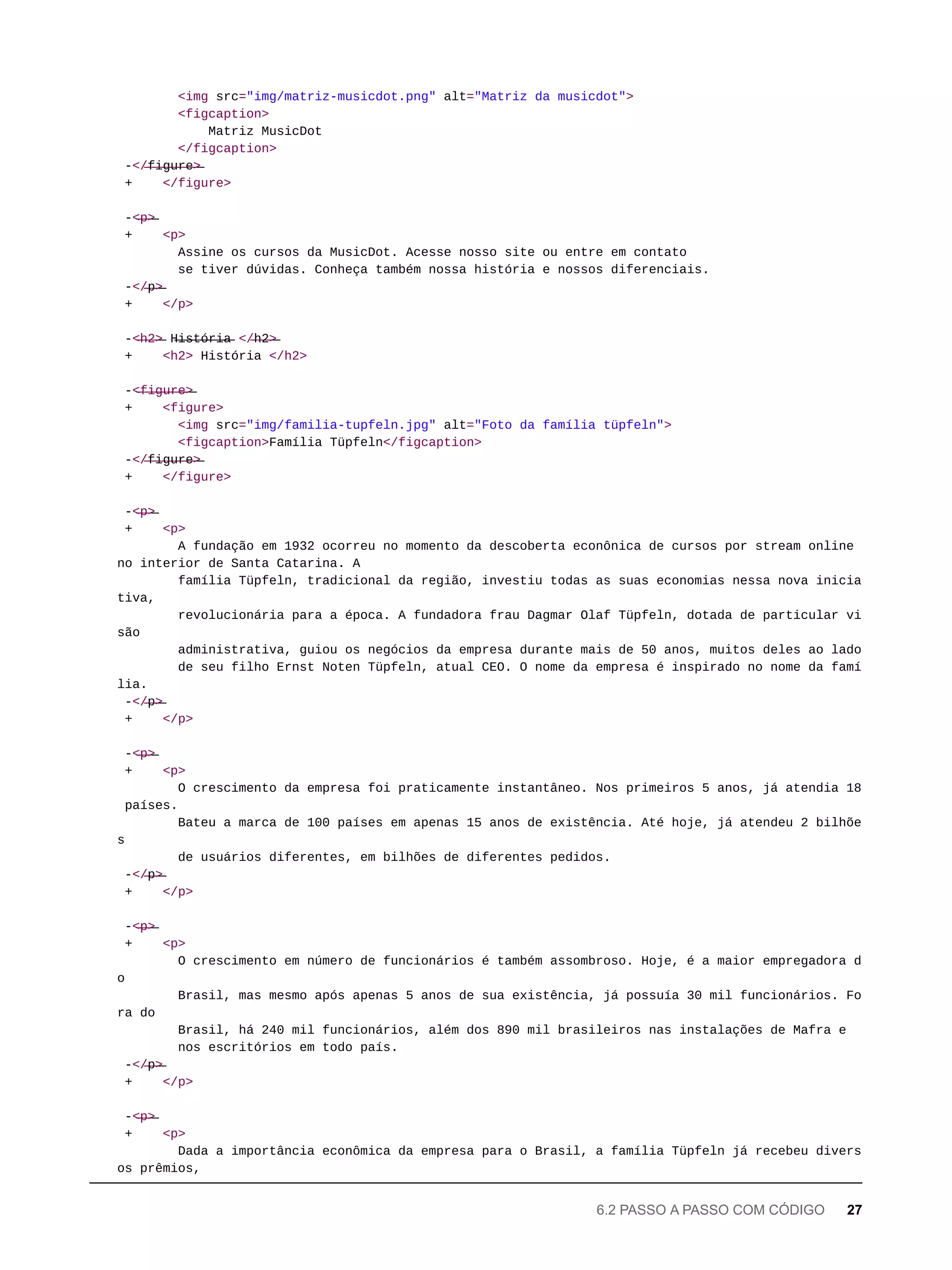 <img src="img/matriz-musicdot.png" alt="Matriz da musicdot">
<figcaption>
Matriz MusicDot
</figcaption>
-</̶f̶i̶g̶u̶r̶e̶>̶
+ </figure>
-<̶p̶>̶
+ <p>
Assine os cursos da MusicDot. Acesse nosso site ou entre em contato
se tiver dúvidas. Conheça também nossa história e nossos diferenciais.
-</̶p̶>̶
+ </p>
-<̶h̶2̶>̶ H̶i̶s̶t̶ó̶r̶i̶a̶ </̶h̶2̶>̶
+ <h2> História </h2>
-<̶f̶i̶g̶u̶r̶e̶>̶
+ <figure>
<img src="img/familia-tupfeln.jpg" alt="Foto da família tüpfeln">
<figcaption>Família Tüpfeln</figcaption>
-</̶f̶i̶g̶u̶r̶e̶>̶
+ </figure>
-<̶p̶>̶
+ <p>
A fundação em 1932 ocorreu no momento da descoberta econônica de cursos por stream online
no interior de Santa Catarina. A
família Tüpfeln, tradicional da região, investiu todas as suas economias nessa nova inicia
tiva,
revolucionária para a época. A fundadora frau Dagmar Olaf Tüpfeln, dotada de particular vi
são
administrativa, guiou os negócios da empresa durante mais de 50 anos, muitos deles ao lado
de seu filho Ernst Noten Tüpfeln, atual CEO. O nome da empresa é inspirado no nome da famí
lia.
-</̶p̶>̶
+ </p>
-<̶p̶>̶
+ <p>
O crescimento da empresa foi praticamente instantâneo. Nos primeiros 5 anos, já atendia 18
países.
Bateu a marca de 100 países em apenas 15 anos de existência. Até hoje, já atendeu 2 bilhõe
s
de usuários diferentes, em bilhões de diferentes pedidos.
-</̶p̶>̶
+ </p>
-<̶p̶>̶
+ <p>
O crescimento em número de funcionários é também assombroso. Hoje, é a maior empregadora d
o
Brasil, mas mesmo após apenas 5 anos de sua existência, já possuía 30 mil funcionários. Fo
ra do
Brasil, há 240 mil funcionários, além dos 890 mil brasileiros nas instalações de Mafra e
nos escritórios em todo país.
-</̶p̶>̶
+ </p>
-<̶p̶>̶
+ <p>
Dada a importância econômica da empresa para o Brasil, a família Tüpfeln já recebeu divers
os prêmios,
6.2 PASSO A PASSO COM CÓDIGO 27
 