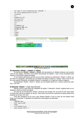 CENTRO DE EDUCAÇÃO PROFISSIONAL - ESCOLA TÉCNICA DE BRASÍLIA
QS 07 lote 02/08 Avenida Águas Claras - Águas Claras/DF - CEP 71966-700.
Telefones: (61) 3901-6767 / 3901-3534
32
<col span="2" style="background-color: #33cc66" />
<col style="background-color:yellow" />
</colgroup>
<tr>
<th>Registro</th>
<th>Título</th>
<th>Preço</th>
</tr>
<tr>
<td>3639572</td>
<td>Aprenda HTML</td>
<td>R$52,00</td>
</tr>
</table>
</body>
</html>
Figura 23: Uso de colgroup e col
Os elementos <tbody>, <thead> e <tfoot>
Os elementos <thead>, <tbody> e <tfoot> são necessários em tabelas extensas, que ocupam
mais de uma página. Permitem uma melhor estruturação de tabelas, o que é muito importante para
separar e documentar seções da tabela.
O uso desses elementos permite que as linhas contidas nos elementos <thead> e <tfoot> se-
jam fixas no navegador, permitindo que as células de dados contidas no <tbody> ‘rolem’ entre as du-
as e que quando impressas, as tabelas mostrem o cabeçalho e o rodapé em todas as páginas.
Os elementos <thead>, <tfoot> e <tbody> de uma tabela devem ter o mesmo número de colu-
nas - <td></td>
O elemento <thead> - (Table Head Element):
Agrupa uma ou mais linhas de cabeçalho da tabela. O elemento <thead> engloba tanto os ca-
beçalhos, quanto os títulos da tabela.
No caso de uso do elemento <thead>, devemos usar as tags <th> ao invés de <td> para inserir
os títulos das colunas da tabela, se houver. Caso tenha uma linha de subtítulos as células desta linha
poderão ser do tipo <td></td>.
Uma das vantagens em se usar a tag <thead></thead> é que no caso de uma tabela muito
longa a ser impressa, o cabeçalho se repetirá em cada página de impressão.
Exemplo:
<!DOCTYPE html>
<html lang="pt-BR">
<head>
<title>Thead</title>
<meta charset="UTF-8" />
 
