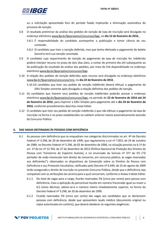 EDITAL N° 02/2015
INSTITUTO BRASILEIRO DE GEOGRAFIA E ESTATÍSTICA | CONCURSO PÚBLICO 8
ou a solicitação apresentada fora do período fixado implicarão a eliminação automática do
processo de isenção.
5.8 O resultado preliminar da análise dos pedidos de isenção de taxa de inscrição será divulgado no
endereço eletrônico www.fgv.br/fgvprojetos/concursos/ibge, no dia 12 de fevereiro de 2016.
5.8.1 É responsabilidade do candidato acompanhar a publicação e tomar ciência do seu
conteúdo.
5.8.2 O candidato que tiver a isenção deferida, mas que tenha efetivado o pagamento do boleto
bancário terá sua isenção cancelada.
5.9 O candidato cujo requerimento de isenção de pagamento da taxa de inscrição for indeferido
poderá interpor recurso no prazo de dois dias úteis, a contar do primeiro dia útil subsequente ao
da publicação do resultado da análise dos pedidos, por meio de link disponibilizado no endereço
eletrônico www.fgv.br/fgvprojetos/concursos/ibge.
5.10 A relação dos pedidos de isenção deferidos após recurso será divulgada no endereço eletrônico
www.fgv.br/fgvprojetos/concursos/mre, no dia 22 de fevereiro de 2016.
5.10.1O candidato que tiver seu pedido de isenção indeferido deverá efetuar o pagamento da
GRU Simples somente após divulgada a relação definitiva dos pedidos de isenção.
5.11 Os candidatos que tiverem seus pedidos de isenção indeferidos poderão acessar o endereço
eletrônico www.fgv.br/fgvprojetos/concursos/ibge, no período de 22 de fevereiro de 2016 até 24
de fevereiro de 2016, para imprimir a GRU Simples para pagamento até o dia 24 de fevereiro de
2016, conforme procedimentos descritos neste Edital.
5.12 O candidato que tiver seu pedido de isenção indeferido e que não efetuar o pagamento da taxa de
inscrição na forma e no prazo estabelecidos no subitem anterior estará automaticamente excluído
do Concurso Público.
6. DAS VAGAS DESTINADAS ÀS PESSOAS COM DEFICIÊNCIA
6.1 As pessoas com deficiência que se enquadram nas categorias discriminadas no art. 4º do Decreto
Federal nº 3.298, de 20 de dezembro de 1999, que regulamenta a Lei nº 7.853, de 24 de outubro
de 1989, no Decreto Federal nº 5.296, de 02 de dezembro de 2004, na situação prevista no § 1º do
art. 1º da Lei nº 12.764, de 27 de dezembro de 2012 (Política Nacional de Proteção dos Direitos da
Pessoa com Transtorno do Espectro Autista), e no enunciado da Súmula nº 377 do STJ (“O
portador de visão monocular tem direito de concorrer, em concurso público, às vagas reservadas
aos deficientes”), observados os dispositivos da Convenção sobre os Direitos da Pessoa com
Deficiência e seu Protocolo Facultativo, ratificados pelo Decreto nº 6.949, de 25 de agosto de 2009
terão assegurado o direito de inscrição no presente Concurso Público, desde que a deficiência seja
compatível com as atribuições da carreira para a qual concorram, conforme o Anexo II deste Edital.
6.1.1 Do total de vagas para o cargo, ficarão reservadas 5% (cinco por cento) para pessoa com
deficiência. Caso a aplicação do percentual resulte em número fracionado igual ou maior a
0,5 (meio décimo), adotar-se-á o número inteiro imediatamente superior, na forma do
Decreto Federal nº 3.298, de 20 de dezembro de 1999.
6.1.2 Ficarão reservadas 5% (cinco por cento) das vagas aos candidatos que se declararem
pessoas com deficiência, desde que apresentem laudo médico (documento original ou
cópia autenticada em cartório), que deverá obedecer às seguintes exigências:
 