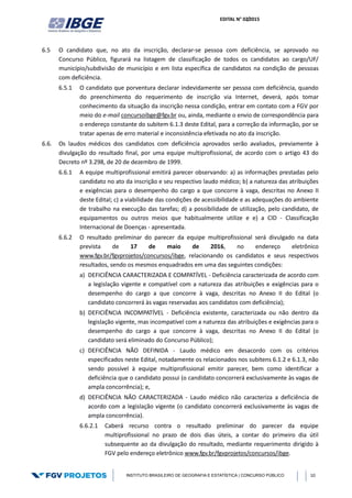 EDITAL N° 02/2015
INSTITUTO BRASILEIRO DE GEOGRAFIA E ESTATÍSTICA | CONCURSO PÚBLICO 10
6.5 O candidato que, no ato da inscrição, declarar-se pessoa com deficiência, se aprovado no
Concurso Público, figurará na listagem de classificação de todos os candidatos ao cargo/UF/
município/subdivisão de município e em lista específica de candidatos na condição de pessoas
com deficiência.
6.5.1 O candidato que porventura declarar indevidamente ser pessoa com deficiência, quando
do preenchimento do requerimento de inscrição via Internet, deverá, após tomar
conhecimento da situação da inscrição nessa condição, entrar em contato com a FGV por
meio do e-mail concursoibge@fgv.br ou, ainda, mediante o envio de correspondência para
o endereço constante do subitem 6.1.3 deste Edital, para a correção da informação, por se
tratar apenas de erro material e inconsistência efetivada no ato da inscrição.
6.6. Os laudos médicos dos candidatos com deficiência aprovados serão avaliados, previamente à
divulgação do resultado final, por uma equipe multiprofissional, de acordo com o artigo 43 do
Decreto nº 3.298, de 20 de dezembro de 1999.
6.6.1 A equipe multiprofissional emitirá parecer observando: a) as informações prestadas pelo
candidato no ato da inscrição e seu respectivo laudo médico; b) a natureza das atribuições
e exigências para o desempenho do cargo a que concorre à vaga, descritas no Anexo II
deste Edital; c) a viabilidade das condições de acessibilidade e as adequações do ambiente
de trabalho na execução das tarefas; d) a possibilidade de utilização, pelo candidato, de
equipamentos ou outros meios que habitualmente utilize e e) a CID - Classificação
Internacional de Doenças - apresentada.
6.6.2 O resultado preliminar do parecer da equipe multiprofissional será divulgado na data
prevista de 17 de maio de 2016, no endereço eletrônico
www.fgv.br/fgvprojetos/concursos/ibge, relacionando os candidatos e seus respectivos
resultados, sendo os mesmos enquadrados em uma das seguintes condições:
a) DEFICIÊNCIA CARACTERIZADA E COMPATÍVEL - Deficiência caracterizada de acordo com
a legislação vigente e compatível com a natureza das atribuições e exigências para o
desempenho do cargo a que concorre à vaga, descritas no Anexo II do Edital (o
candidato concorrerá às vagas reservadas aos candidatos com deficiência);
b) DEFICIÊNCIA INCOMPATÍVEL - Deficiência existente, caracterizada ou não dentro da
legislação vigente, mas incompatível com a natureza das atribuições e exigências para o
desempenho do cargo a que concorre à vaga, descritas no Anexo II do Edital (o
candidato será eliminado do Concurso Público);
c) DEFICIÊNCIA NÃO DEFINIDA - Laudo médico em desacordo com os critérios
especificados neste Edital, notadamente os relacionados nos subitens 6.1.2 e 6.1.3, não
sendo possível à equipe multiprofissional emitir parecer, bem como identificar a
deficiência que o candidato possui (o candidato concorrerá exclusivamente às vagas de
ampla concorrência); e,
d) DEFICIÊNCIA NÃO CARACTERIZADA - Laudo médico não caracteriza a deficiência de
acordo com a legislação vigente (o candidato concorrerá exclusivamente às vagas de
ampla concorrência).
6.6.2.1 Caberá recurso contra o resultado preliminar do parecer da equipe
multiprofissional no prazo de dois dias úteis, a contar do primeiro dia útil
subsequente ao da divulgação do resultado, mediante requerimento dirigido à
FGV pelo endereço eletrônico www.fgv.br/fgvprojetos/concursos/ibge.
 