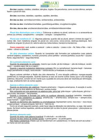 . 112
Em ãos: pagãos, cristãos, cidadãos, bênçãos, órgãos. Os paroxítonos, como os dois últimos, sempre
fazem o plural em ãos.
Em ães: escrivães, tabeliães, capelães, capitães, alemães.
Em ões ou ãos: corrimões/corrimãos, verões/verãos, anões/anãos.
Em ões ou ães: charlatões/charlatães, guardiões/guardiães, cirurgiões/cirurgiães.
Em ões, ãos ou ães: anciões/anciãos/anciães, ermitões/ermitãos/ermitães
Plural dos diminutivos com a letra z: Coloca-se a palavra no plural, corta-se o s e acrescenta-se
zinhos (ou zinhas): coraçãozinho – corações – coraçõe – coraçõezinhos.
Plural com metafonia (ô - ó): Algumas palavras, quando vão ao plural, abrem o timbre da vogal “o”,
outras não. Com metafonia singular (ô) plural (ó): coro-coros; corvo-corvos; destroço-destroços. Sem
metafonia singular (ô) plural (ô): adorno-adornos; bolso-bolsos; transtorno-transtornos.
Casos especiais: aval, avales e avaiscal − cales e caiscós − coses e cós – fel, feles e féis – mal e
males – cônsul e cônsules.
Os dois elementos variam: Quando os compostos são formados por substantivo mais palavra
variável (adjetivo, substantivo, numeral, pronome): amor-perfeito − amores-perfeitos; couve-flor − couves-
flores; segunda-feira − segundas-feiras.
Só o primeiro elemento varia:
Quando há preposição no composto, mesmo que oculta: pé-de-moleque − pés-de-moleque; cavalo-
vapor − cavalos-vapor (de ou a vapor).
Quando o segundo substantivo determina o primeiro (fim ou semelhança): banana-maçã − bananas-
maçã (semelhante a maçã); navio-escola − navios-escola (a finalidade é a escola).
Alguns autores admitem a flexão dos dois elementos. É uma situação polêmica: mangas-espada
(preferível) ou mangas-espadas. Quando dizemos (e isso vai ocorrer outras vezes) que é uma situação
polêmica, discutível, convém ter em mente que a questão do concurso deve ser resolvida por eliminação,
ou seja, analisando bem as outras opções.
Apenas o último elemento varia:
Quando os elementos são adjetivos: hispano-americano − hispano-americanos. A exceção é surdo-
mudo, em que os dois adjetivos se flexionam: surdos-mudos.
Nos compostos em que aparecem os adjetivos grão, grã e bel: grão-duque − grão-duques; grã-cruz −
grã-cruzes; bel-prazer − bel-prazeres.
Quando o composto é formado por verbo ou qualquer elemento invariável (advérbio, interjeição,
prefixo etc.) mais substantivo ou adjetivo: arranha-céu − arranha-céus; sempre-viva − sempre-vivas;
super-homem − super-homens.
Quando os elementos são repetidos ou onomatopaicos (representam sons): reco-reco − reco-recos;
pingue-pongue − pingue-pongues; bem-te-vi − bem-te-vis.
Como se vê pelo segundo exemplo, pode haver alguma alteração nos elementos, ou seja, não serem
iguais. Se forem verbos repetidos, admite-se também pôr os dois no plural: pisca-pisca − pisca-piscas ou
piscas-piscas
Nenhum elemento varia:
Quando há verbo mais palavra invariável: O cola-tudo – os cola-tudo.
Quando há dois verbos de sentido oposto: o perde-ganha – os perde-ganha.
Nas frases substantivas (frases que se transformam em substantivos): O maria-vai-com-as-outras −
os maria-vai-com-as-outras.
1165766 E-book gerado especialmente para JOAB CARDOSO MAGALHAES
 