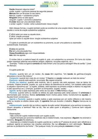 . 122
Vocês disseram alguma coisa?
vocês: sujeito = pronome pessoal de segunda pessoa
Marcos tem um fã-clube no seu bairro.
Marcos: sujeito = substantivo próprio
Ninguém entra na sala agora.
ninguém: sujeito = pronome substantivo
O andar deve ser uma atividade diária.
o andar: sujeito = núcleo: verbo substantivado nessa oração
Além dessas formas, o sujeito também pode se constituir de uma oração inteira. Nesse caso, a oração
recebe o nome de oração substantiva subjetiva:
É difícil optar por esse ou aquele doce...
É difícil: oração principal
optar por esse ou aquele doce: oração substantiva subjetiva
O sujeito é constituído por um substantivo ou pronome, ou por uma palavra ou expressão
substantivada. Exemplos:
O sino era grande.
Ela tem uma educação fina.
Vossa Excelência agiu com imparcialidade.
Isto não me agrada.
O núcleo (isto é, a palavra base) do sujeito é, pois, um substantivo ou pronome. Em torno do núcleo
podem aparecer palavras secundárias (artigos, adjetivos, locuções adjetivas, etc.).
Exemplo: “Todos os ligeiros rumores da mata tinham uma voz para a selvagem filha do sertão.” (José
de Alencar)
O sujeito pode ser:
Simples: quando tem um só núcleo: As rosas têm espinhos; “Um bando de galinhas-d’angola
atravessa a rua em fila indiana.”
Composto: quando tem mais de um núcleo: “O burro e o cavalo nadavam ao lado da canoa.”
Expresso: quando está explícito, enunciado: Eu viajarei amanhã.
Oculto (ou elíptico): quando está implícito, isto é, quando não está expresso, mas se deduz do
contexto: Viajarei amanhã. (sujeito: eu, que se deduz da desinência do verbo); “Um soldado saltou para
a calçada e aproximou-se.” (o sujeito, soldado, está expresso na primeira oração e elíptico na segunda:
e (ele) aproximou-se.); Crianças, guardem os brinquedos. (sujeito: vocês)
Agente: se faz a ação expressa pelo verbo da voz ativa: O Nilo fertiliza o Egito.
Paciente: quando sofre ou recebe os efeitos da ação expressa pelo verbo passivo: O criminoso é
atormentado pelo remorso; Muitos sertanistas foram mortos pelos índios; Construíram-se açudes. (=
Açudes foram construídos.)
Agente e Paciente: quando o sujeito realiza a ação expressa por um verbo reflexivo e ele mesmo
sofre ou recebe os efeitos dessa ação: O operário feriu-se durante o trabalho; Regina trancou-se no
quarto.
Indeterminado: quando não se indica o agente da ação verbal: Atropelaram uma senhora na esquina.
(Quem atropelou a senhora? Não se diz, não se sabe quem a atropelou.); Come-se bem naquele
restaurante.
Observações:
- Não confundir sujeito indeterminado com sujeito oculto.
- Sujeito formado por pronome indefinido não é indeterminado, mas expresso: Alguém me ensinará o
caminho. Ninguém lhe telefonou.
- Assinala-se a indeterminação do sujeito usando-se o verbo na 3ª pessoa do plural, sem referência a
qualquer agente já expresso nas orações anteriores: Na rua olhavam-no com admiração; “Bateram
palmas no portãozinho da frente.”; “De qualquer modo, foi uma judiação matarem a moça.”
1165766 E-book gerado especialmente para JOAB CARDOSO MAGALHAES
 