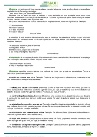 . 238
Metáfora: consiste em atribuir a uma palavra características de outra, em função de uma analogia
estabelecida de forma bem subjetiva.
“Meu verso é sangue” (Manuel Bandeira)
Observe que, ao associar verso a sangue, o poeta estabeleceu uma analogia entre essas duas
palavras, vendo nelas uma relação de semelhança. Todos os significados que a palavra sangue sugere
ao leitor passam também para a palavra verso.
Os poetas são mestres na citação de metáforas surpreendentes, ricas em significados. Exemplo:
“Ó minha amada
Que olhos os teus
São cais noturnos
Cheios de adeus.”
Vinícius de Moraes
A metáfora é uma espécie de comparação sem a presença de conectivos do tipo como, tal como,
assim como etc. Quando esses conectivos aparecem na frase, temos uma comparação e não uma
metáfora. Exemplo:
“A felicidade é como a gota de orvalho
numa pétala de flor.
Brilha tranquila, depois de leve oscila
e cai como uma lágrima de amor.”
Vinícius de Moraes
Comparação: é a comparação entre dois elementos comuns; semelhantes. Normalmente se emprega
uma conjunção comparativa: como, tal qual, assim como.
“Sejamos simples e calmos
Como os regatos e as árvores”
Fernando Pessoa
Metonímia: consiste no emprego de uma palavra por outra com a qual ela se relaciona. Ocorre a
metonímia quando empregamos:
- o autor ou criador pela obra. Exemplo: Gosto de ler Jorge Amado (observe que o nome do autor
está sendo usado no lugar de suas obras).
- o efeito pela causa e vice-versa. Exemplos: Ganho a vida com o suor do meu rosto. (o suor é o
efeito ou resultado e está sendo usado no lugar da causa, ou seja, o “trabalho”); Vivo do meu trabalho. (o
trabalho é causa e está no lugar do efeito ou resultado, ou seja, o “lucro”).
- o continente pelo conteúdo. Exemplo: Ela comeu uma caixa de doces. (a palavra caixa, que designa
o continente ou aquilo que contém, está sendo usada no lugar da palavra doces, que designaria o
conteúdo).
- o abstrato pelo concreto e vice-versa. Exemplos: A velhice deve ser respeitada. (o abstrato velhice
está no lugar do concreto, ou seja, pessoas velhas).Ele tem um grande coração. (o concreto coração está
no lugar do abstrato, ou seja, bondade).
- o instrumento pela pessoa que o utiliza. Exemplo: Ele é bom volante. (o termo volante está sendo
usado no lugar do termo piloto ou motorista).
- o lugar pelo produto. Exemplo: Gosto muito de tomar um Porto. (o produto vinho foi substituído pelo
nome do lugar em que é feito, ou seja, a cidade do Porto).
- o símbolo ou sinal pela coisa significada. Exemplo: Os revolucionários queriam o trono. (a palavra
trono, nesse caso, simboliza o império, o poder).
1165766 E-book gerado especialmente para JOAB CARDOSO MAGALHAES
 