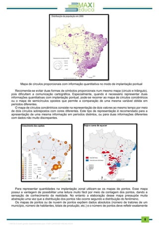. 8
Mapa de círculos proporcionais com informação quantitativa no modo de implantação pontual
Recomenda-se evitar duas formas de símbolos proporcionais num mesmo mapa (circulo e triângulo),
pois dificultam a comunicação cartográfica. Especialmente, quando é necessário representar duas
informações quantitativas com implantação pontual, pode-se recorrer ao mapa de círculos concêntricos
ou o mapa de semicírculos opostos que permite a comparação de uma mesma variável obtida em
períodos diferentes.
O mapa de círculos concêntricos consiste na representação de dois valores ao mesmo tempo por meio
de dois círculos sobrepostos com cores diferentes. Este tipo de representação é recomendado para a
apresentação de uma mesma informação em períodos distintos, ou para duas informações diferentes
com dados não muito discrepantes.
Para representar quantidades na implantação zonal utilizam-se os mapas de pontos. Esse mapa
possui a vantagem de possibilitar uma leitura muito fácil por meio da contagem dos pontos, dando a
sensação de conhecimento da realidade. No entanto a elaboração desse mapa pressupõe muita
abstração uma vez que a distribuição dos pontos não ocorre segundo a distribuição do fenômeno.
Os mapas de pontos ou de nuvem de pontos expõem dados absolutos (número de tratores de um
município, número de habitantes, totais de produção, etc.) e o número de pontos deve refletir exatamente
1165766 E-book gerado especialmente para JOAB CARDOSO MAGALHAES
 