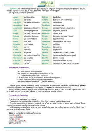 . 55
- Coletivos: os substantivos comuns que, mesmo no singular, designam um conjunto de seres de uma
mesma espécie: bando, povo, frota, batalhão, biblioteca, constelação.
Eis alguns substantivos coletivos:
Álbum de fotografias Colmeia de abelhas
Alcateia de lobos Concílio de bispos em assembleia
Antologia de textos escolhidos Conclave de cardeais
Arquipélago ilhas Cordilheira de montanhas
Assembleia pessoas, professores Cortejo acompanhantes em comitiva
Atlas cartas geográficas Hemeroteca de jornais, revistas
Bando de aves, de crianças Iconoteca de imagens
Baixela utensílios de mesa Miríade de muitas estrelas, insetos
Banca de examinadores Nuvem de gafanhotos
Biênio dois anos Panapaná de borboletas em bando
Bimestre dois meses Penca de frutas
Cacho de uva Pinacoteca de quadros
Cáfila camelos Piquete de grevistas
Caravana viajantes Plêiade de pessoas notáveis, sábios
Cambada de vadios, malvados Resma de quinhentas folhas de papel
Cancioneiro de canções Sextilha de seis versos
Cardume de peixes Tropilhas de trabalhadores, alunos
Código de leis Xiloteca de amostras de tipos de madeiras
Reflexão do Substantivo
“Na feira livre do arrabaldezinho
Um homem loquaz apregoa balõezinhos de cor
 O melhor divertimento para crianças!
Em redor dele há um ajuntamento de menininhos pobres,
Fitando com olhos muito redondos os grandes
Balõezinhos muito redondos.” (Manoel Bandeira)
Observe que o poema apresenta vários substantivos e apresentam variações ou flexões de gênero
(masculino/feminino), de número (plural/singular) e de grau (aumentativo/diminutivo).
Na língua portuguesa há dois gêneros: masculino e feminino. A regra para a flexão do gênero é a troca
de o por a, ou o acréscimo da vogal a, no final da palavra: mestre, mestra.
Formação do Feminino
O feminino se realiza de três modos:
- Flexionando-se o substantivo masculino: filho, filha / mestre, mestra / leão, leoa;
- Acrescentando-se ao masculino a desinência “a” ou um sufixo feminino: autor, autora / deus, deusa
/ cônsul, consulesa / cantor, cantora / reitor, reitora.
- Utilizando-se uma palavra feminina com radical diferente: pai, mãe / homem, mulher / boi, vaca /
carneiro, ovelha / cavalo, égua.
Observe como são formados os femininos:
parente, parenta
hóspede, hospeda
monge, monja
presidente, presidenta
gigante, giganta
1165766 E-book gerado especialmente para JOAB CARDOSO MAGALHAES
 