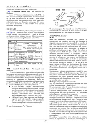 APOSTILA DE INFORMÁTICA
Existem dois tipos básicos de cabos par trançado:
 UTP - Unshielded Twisted Pair - Par trançado sem
blindagem.
     o cabo UTP é o mais utilizado em rede, o cabo UTP é de
fácil manuseio, instalação e permite taxas de transmissão em
até 100 Mbps com a utilização do cabo CAT 5 são usados
normalmente tanto nas redes domesticas como nas grandes
redes industriais e para distancias maiores que 150 metros
hoje em dia é utilizados os cabos de fibra ótica que vem
barateando os seus custos.

O CABO UTP                                                           Os conectores para Par Trançado são o RJ45 (permite a
      Os cabos UTP foram padronizados pelas normas da                conexão de 8 fios) para redes de dados e conector de RJ11
EIA/TIA com a norma 568 e são divididos em 5 categorias,             (permite a conexão de 4 fios) usando em telefonia.
levando em conta o nível de segurança e a bitola do fio, onde
os números maiores indicam fios com diâmetros menores,               OS CONCENTRADORES
veja abaixo um resumo simplificado dos cabos UTP.                    HUBS
                                                                     Hubs são dispositivos utilizados para conectar os
   Tipo      Uso                                                     equipamentos que compõem uma rede são chamados de
   Categoria Voz         (Cabo São    utilizados por                 dispositivos concentradores pois com o Hub, as conexões da
   1         Telefônico)       equipamentos       de                 rede ficam todas em um só ponto, ficando cada equipamento
                               telecomunicação e não                 com o seu cabo próprio sem interferência um com o outro.
   Categoria Dados a 4 Mbps                                          O gerenciamento da rede é favorecido e a solução de
                               devem ser usados para
   2         (LocalTalk)                                             problemas facilitada, uma vez que o defeito fica isolado no
                               uma rede local
   Categoria Transmissão de até 16 MHz. Dados a 10                   segmento de rede. Cada hub pode receber vários micros,
   3         Mbps (Ethernet)                                         atualmente temos hub’s com 4,8,16 e 32 portas. Os HUBs
   Categoria Transmissão de até 20 MHz. Dados a 20                   necessitam apenas de ser alimentados para funcionar, não
   4         Mbps (16 Mbps Token Ring)                               necessita de software para que cumpram sua finalidade em
                                                                     uma rede, na verdade os PCs envolvidos na comunicação
   Categoria Transmissão de até 100 MHz. Dados a 100
                                                                     entre eles não reconhecem ou enxergam o HUB, devido a
   5         Mbps (Fast Ethernet)
                                                                     isto podemos desconectar qualquer PC de um HUB sem
   Categoria Transmissão com taxas típicas de até                    causar nenhum problema de funcionamento do sistema
   6         1Gbps.                                                  operacional, o que acontecerá será apenas que o PC deixara
                                                                     de se comunicar com a rede, e ao religarmos o cabo tudo se
 STP - Shielded Twisted Pair - Par trançado com                      normalizará.
blindagem.                                                           Normalmente é indicado pelos fabricantes dos HUBs que a
      O cabo brindado STP é muito pouco utilizado sendo              distancia entre o PC e HUB não seja maior que 100 metros,
basicamente necessários em ambientes com grande nível de             mas pode-se exceder esta distância para até 150 metros que
interferência eletromagnética. Deve-se dar preferência a             normalmente não causará problema nenhum, lógico que
sistemas com cabos de fibra ótica quando se deseja grandes           deverá ser observado alguns fatores assim como:
distâncias ou velocidades de transmissão, podem ser                  As conexões sejam bem feitas.
encontrados com blindagem simples ou com blindagem par a             O cabo par trançado seja de boa qualidade.
par. Os cabos STP são classificados em 1, 1A, 2A, 6, 6A, 9,          Não haja interferência eletromagnética (o cabo não pode
9A. Os cabos STP projetados para redes podem ser:                    trafegar junto ou próximo à fiação elétrica).
         STP de 100 ohms: Aumenta a resistência contra               No lançamento dos cabos ele nunca deve ser tracionado, pois
         interferência eletromagnética do fio de par trançado        perderá suas características elétricas.
         sem fazer com que o cabo seja maior e mais pesado.          É possível interligar vários Hubs (cascateamento), se por
         O cabo precisa de um sistema de aterramento                 exemplo têm-se dois Hubs de oito portas e há a necessidade
         adequado, caso contrário passa a funcionar como             de interligar doze máquinas faz-se o seguinte.
         antena causando grandes transtornos para a rede.            Colocam-se seis cabos em cada Hub e conecta-se outro cabo
          STP de 150 ohms: Cabo que possui uma blindagem             interligando os dois Hubs, sendo que o comprimento do cabo
         especial, sendo cada par de fios trançados separados        de interligação não deve ser menor que 0,5 metros ou maior
         por uma blindagem. Com toda essa blindagem o                que cinco metros (especificação da maioria dos fabricantes).
         cabo fica mais pesado e seu custo é mais elevado.           Alguns Hubs já vem com uma porta especial (porta UpLink)
                                                                     está porta é igual as demais com a diferença de não ter os
Os conectores para cabo Par Trançado                                 sinais de transmissão e recepção cruzados como as outras e
                                                                     uns tem até uma pequena chave ao lado da saída UpLink
                                                                     para se ativar ou desativar o cruzamento dos sinais mas se no
                                                                     seu HUB não houver a saída UpLink devemos confeccionar
                                                                     o cabo Cross-Over como o que usamos para interligar dois
                                                                     computadores.
                                                                     Na verdade é sempre bom obter informação no catálogo
                                                                     técnico do equipamento ou no site do fabricante para se
                                                                39
 