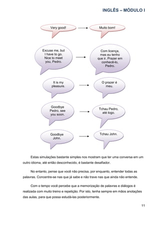 INGLÊS – MÓDULO I
11
Estas simulações bastante simples nos mostram que ter uma conversa em um
outro idioma, até então desconhecido, é bastante desafiador.
No entanto, pense que você não precisa, por enquanto, entender todas as
palavras. Concentre-se nas que já sabe e não trave nas que ainda não entende.
Com o tempo você percebe que a memorização de palavras e diálogos é
realizada com muito treino e repetição. Por isto, tenha sempre em mãos anotações
das aulas, para que possa estudá-las posteriormente.
Very good! Muito bom!
Excuse me, but
I have to go.
Nice to meet
you, Pedro.
Com licença,
mas eu tenho
que ir. Prazer em
conhecê-lo,
Pedro.
It is my
pleasure.
O prazer é
meu.
Goodbye
Pedro, see
you soon.
Tchau Pedro,
até logo.
Goodbye
John.
Tchau John.
 