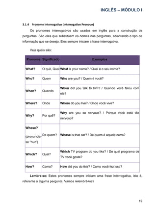 INGLÊS – MÓDULO I
19
3.1.4 Pronome Interrogativo (Interrogative Pronoun)
Os pronomes interrogativos são usados em inglês para a construção de
perguntas. São eles que substituem os nomes nas perguntas, adiantando o tipo de
informação que se deseja. Eles sempre iniciam a frase interrogativa.
Veja quais são:
Pronome Significado Exemplos
What? O quê, Qual What is your name? / Qual é o seu nome?
Who? Quem Who are you? / Quem é você?
When? Quando
When did you talk to him? / Quando você falou com
ele?
Where? Onde Where do you live? / Onde você vive?
Why? Por quê?
Why are you so nervous? / Porque você está tão
nervoso?
Whose?
(pronuncia-
se “huz”)
De quem? Whose is that car? / De quem é aquele carro?
Which? Qual?
Which TV program do you like? / De qual programa de
TV você gosta?
How? Como? How did you do this? / Como você fez isso?
Lembre-se: Estes pronomes sempre iniciam uma frase interrogativa, isto é,
referente a alguma pergunta. Vamos relembrá-los?
 