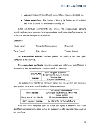 INGLÊS – MÓDULO I
32
• Lugares: England (Reino Unido), United States (Estados Unidos), etc.
• Coisas específicas: The Statue of Liberty (A Estátua da Liberdade),
The Walls of China (As Muralhas da China), etc.
Estes substantivos normalmente são únicos. Os substantivos comuns
também referem-se a pessoas, lugares ou coisas, porém não significam nomes de
indivíduos e/ou locais específicos e únicos.
Exemplos:
House (casa) Computer (computador) River (rio)
Table (mesa) Rain (chuva) Theater (teatro)
Os substantivos comuns também podem ser divididos em dois tipos:
contáveis e incontáveis.
Os substantivos contáveis nomeiam coisas que podem ser quantificadas e
assumem tanto a forma singular, quanto à plural, por exemplo:
SINGULAR
I eat an apple everyday.
(Eu como uma maçã todo dia.)
PLURAL
I like movies.
(Eu gosto de filmes.)
Os substantivos incontáveis nomeiam coisas que não podem ser contadas,
pois existem em apenas uma única forma. Veja os exemplos:
I need advice.
Eu preciso de conselho.
(Em inglês o substantivo advice não
possui plural.)
Many people play tennis. Muitas pessoas jogam tênis.
I don’t have any money. Eu não tenho nenhum dinheiro.
Para que você interprete bem os textos em inglês é essencial que saiba
identificar gramaticalmente cada termo. Os substantivos são palavras indispensáveis
em uma frase.
 