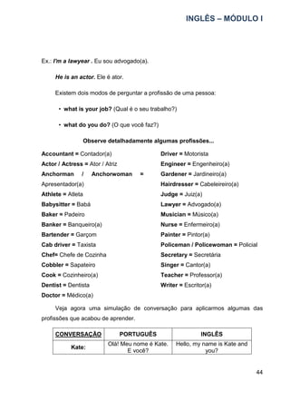 INGLÊS – MÓDULO I
44
Ex.: I'm a lawyear . Eu sou advogado(a).
He is an actor. Ele é ator.
Existem dois modos de perguntar a profissão de uma pessoa:
• what is your job? (Qual é o seu trabalho?)
• what do you do? (O que você faz?)
Observe detalhadamente algumas profissões...
Accountant = Contador(a)
Actor / Actress = Ator / Atriz
Anchorman / Anchorwoman =
Apresentador(a)
Athlete = Atleta
Babysitter = Babá
Baker = Padeiro
Banker = Banqueiro(a)
Bartender = Garçom
Cab driver = Taxista
Chef= Chefe de Cozinha
Cobbler = Sapateiro
Cook = Cozinheiro(a)
Dentist = Dentista
Doctor = Médico(a)
Driver = Motorista
Engineer = Engenheiro(a)
Gardener = Jardineiro(a)
Hairdresser = Cabeleireiro(a)
Judge = Juiz(a)
Lawyer = Advogado(a)
Musician = Músico(a)
Nurse = Enfermeiro(a)
Painter = Pintor(a)
Policeman / Policewoman = Policial
Secretary = Secretária
Singer = Cantor(a)
Teacher = Professor(a)
Writer = Escritor(a)
Veja agora uma simulação de conversação para aplicarmos algumas das
profissões que acabou de aprender.
CONVERSAÇÃO PORTUGUÊS INGLÊS
Kate:
Olá! Meu nome é Kate.
E você?
Hello, my name is Kate and
you?
 