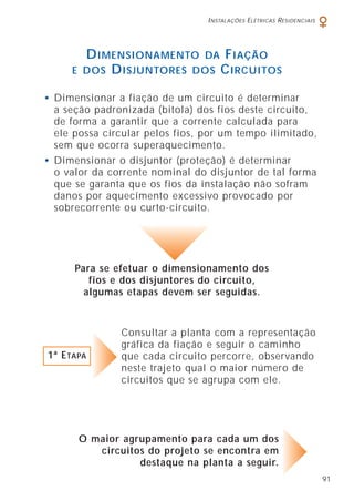 INSTALAÇÕES ELÉTRICAS RESIDENCIAIS
91
Para se efetuar o dimensionamento dos
fios e dos disjuntores do circuito,
algumas etapas devem ser seguidas.
O maior agrupamento para cada um dos
circuitos do projeto se encontra em
destaque na planta a seguir.
• Dimensionar a fiação de um circuito é determinar
a seção padronizada (bitola) dos fios deste circuito,
de forma a garantir que a corrente calculada para
ele possa circular pelos fios, por um tempo ilimitado,
sem que ocorra superaquecimento.
• Dimensionar o disjuntor (proteção) é determinar
o valor da corrente nominal do disjuntor de tal forma
que se garanta que os fios da instalação não sofram
danos por aquecimento excessivo provocado por
sobrecorrente ou curto-circuito.
Consultar a planta com a representação
gráfica da fiação e seguir o caminho
que cada circuito percorre, observando
neste trajeto qual o maior número de
circuitos que se agrupa com ele.
DIMENSIONAMENTO DA FIAÇÃO
E DOS DISJUNTORES DOS CIRCUITOS
1ª ETAPA
 