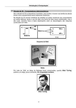 Introdução à Computação
14
Década de 30 – Computadores eletromecânicos
Até a década de 30 os dispositivos inventados, para auxiliar o homem nas tarefas de cálculo
tinham como características serem totalmente mecânicos.
Na década de 30 ocorrem tentativas de substituir as partes mecânicas dos computadores
por partes elétricas, sendo o uso de relés uma forma de fazer essas substituições, mas o
alto custo, tamanho físico e baixo desempenho eram as desvantagens das máquinas
construídas com relés.
Esquema do Relé
Relés
Por volta de 1936, as idéias de Babbage foram comprovadas, quando Alan Turing,
publicou um artigo, pouco conhecido, On computable numbers.
Alan Turing
 