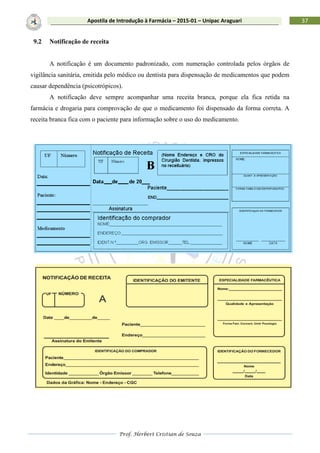 Prof. Herbert Cristian de Souza
37Apostila de Introdução à Farmácia – 2015-01 – Unipac Araguari
9.2 Notificação de receita
A notificação é um documento padronizado, com numeração controlada pelos órgãos de
vigilância sanitária, emitida pelo médico ou dentista para dispensação de medicamentos que podem
causar dependência (psicotrópicos).
A notificação deve sempre acompanhar uma receita branca, porque ela fica retida na
farmácia e drogaria para comprovação de que o medicamento foi dispensado da forma correta. A
receita branca fica com o paciente para informação sobre o uso do medicamento.
 