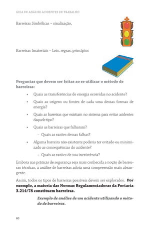 GUIA DE ANÁLISE ACIDENTES DE TRABALHO
60
Barreiras Simbólicas – sinalização,
Barreiras Imateriais – Leis, regras, princípios
Perguntas que devem ser feitas ao se utilizar o método de
barreiras:
•	 Quais as transferências de energia ocorridas no acidente?
•	 Quais as origens ou fontes de cada uma dessas formas de
energia?
•	 Quais as barreiras que existiam no sistema para evitar acidentes
daquele tipo?
•	 Quais as barreiras que falharam?
– Quais as razões dessas falhas?
•	 Alguma barreira não existente poderia ter evitado ou minimi-
zado as consequências do acidente?
– Quais as razões de sua inexistência?
Embora nas práticas de segurança seja mais conhecida a noção de barrei-
ras técnicas, a análise de barreiras adota uma compreensão mais abran-
gente.
Assim, todos os tipos de barreiras possíveis devem ser explorados. Por
exemplo, a maioria das Normas Regulamentadoras da Portaria
3.214/78 constituem barreiras.
Exemplo de análise de um acidente utilizando o méto-
do de barreiras.
 